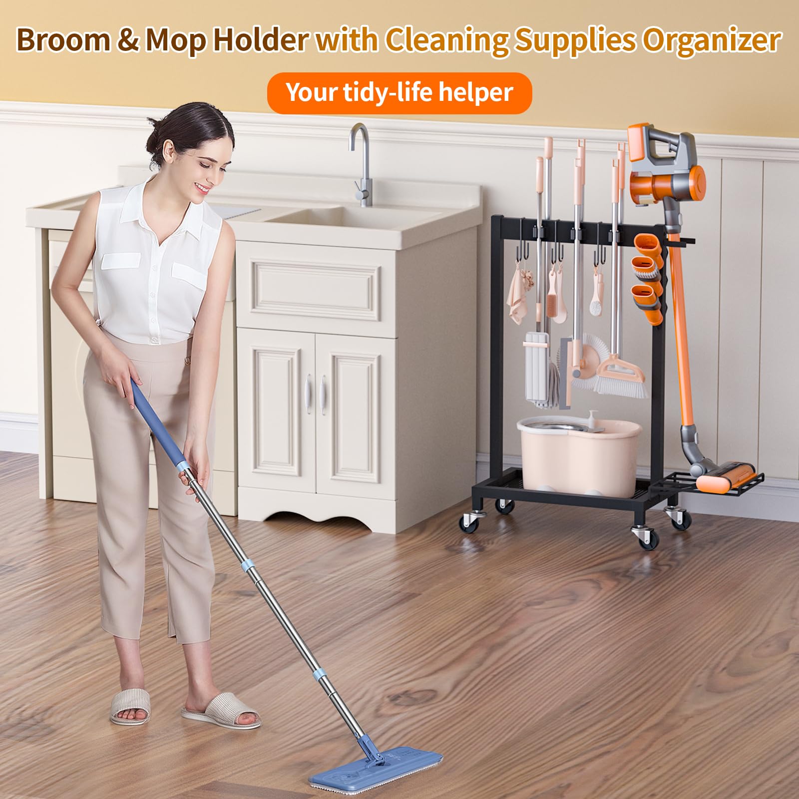 Broom Holder with Cleaning Supplies Organizer