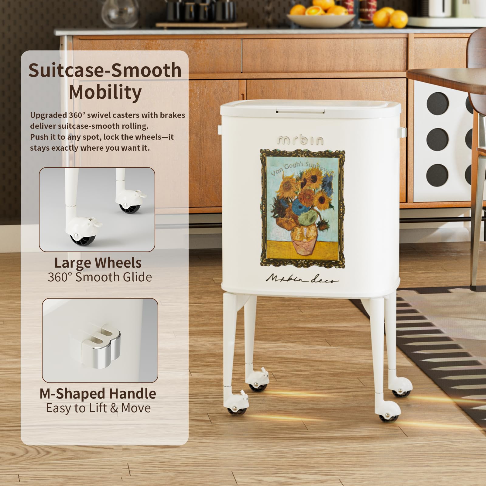 23L Art Decor Trash Can with Wheels