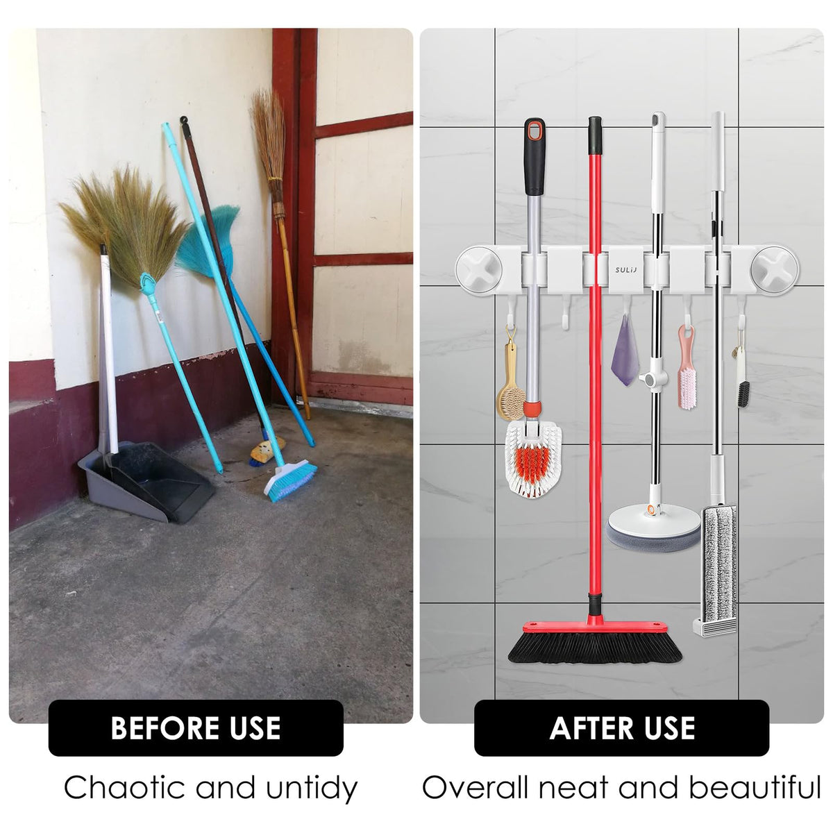 Broom Holder Wall Mount Sturdy Mop and Broom Organizer with 4 Racks and 5 Hooks Vacuum Suction Cup Broom Mop Holder for Home