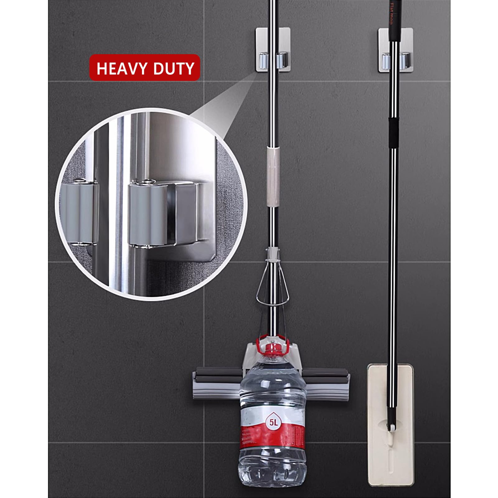 2PCS Broom Holder Wall Mount Self Adhesive Mop and Broom Holder Stainless Steel Broom Hanger Heavy Duty for Laundry Storage Bathroom Kitchen Garage (16 Ounce)