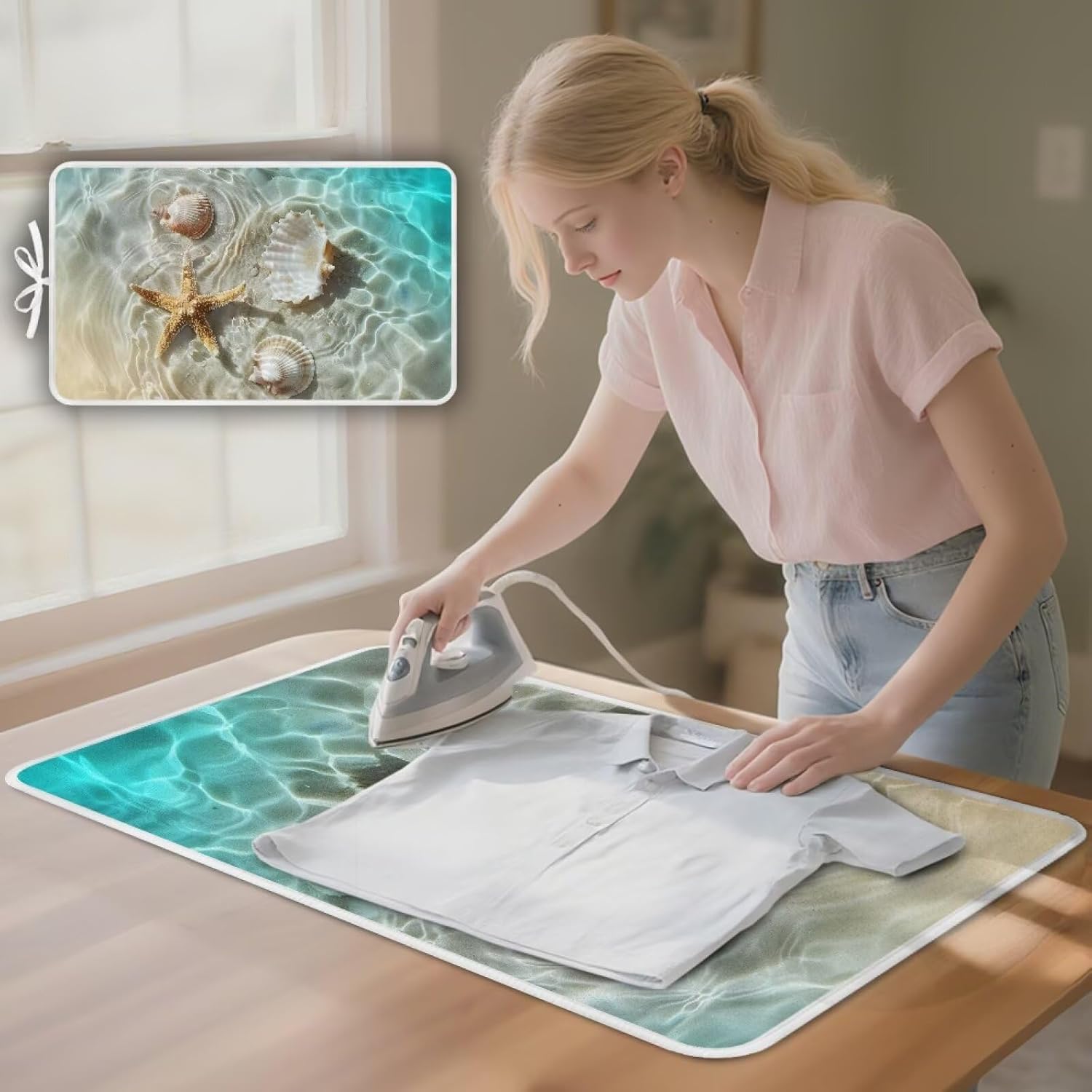 Ironing Mat Thickened Beach Starfish Ironing Blanket Travel Portable Ironing Pad Travel Isolate Heat Pad Cover for Washer Dryer Table Top Countertop 32 x 16 Inch