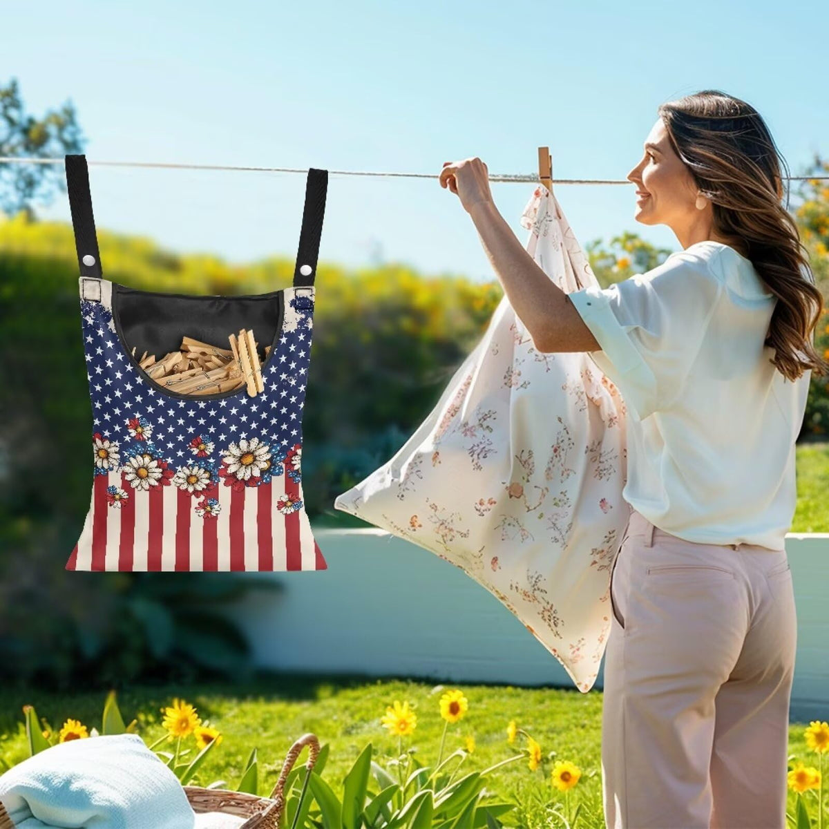 American Flag Clothes Pin Bag Floral Poeny Clothes Pin Hanging Bag Fashion Clothespin Organizer Bag Portable Clothespin Storage with Large Opening Clothespins Storage for Small Items