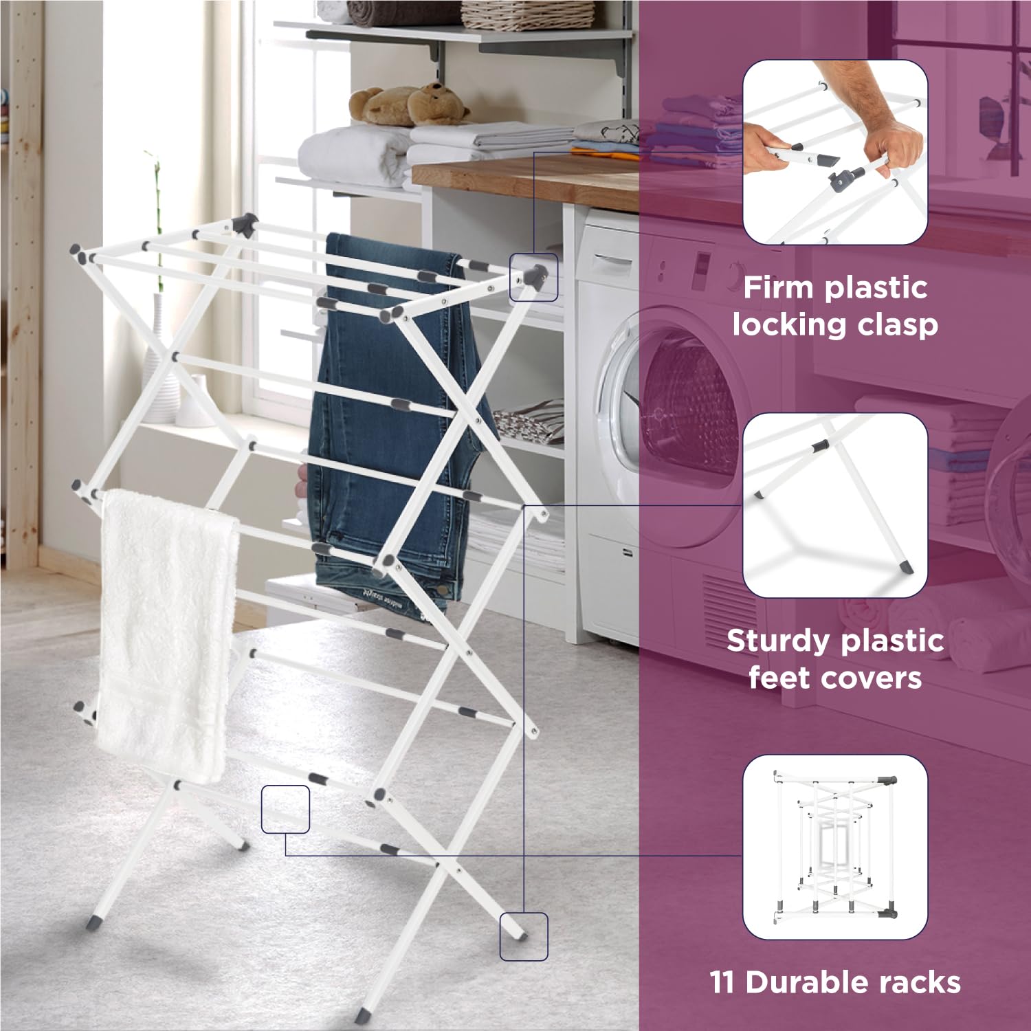 3 Tier Expandable Collapsing Foldable Laundry Rack for Air Drying Clothing