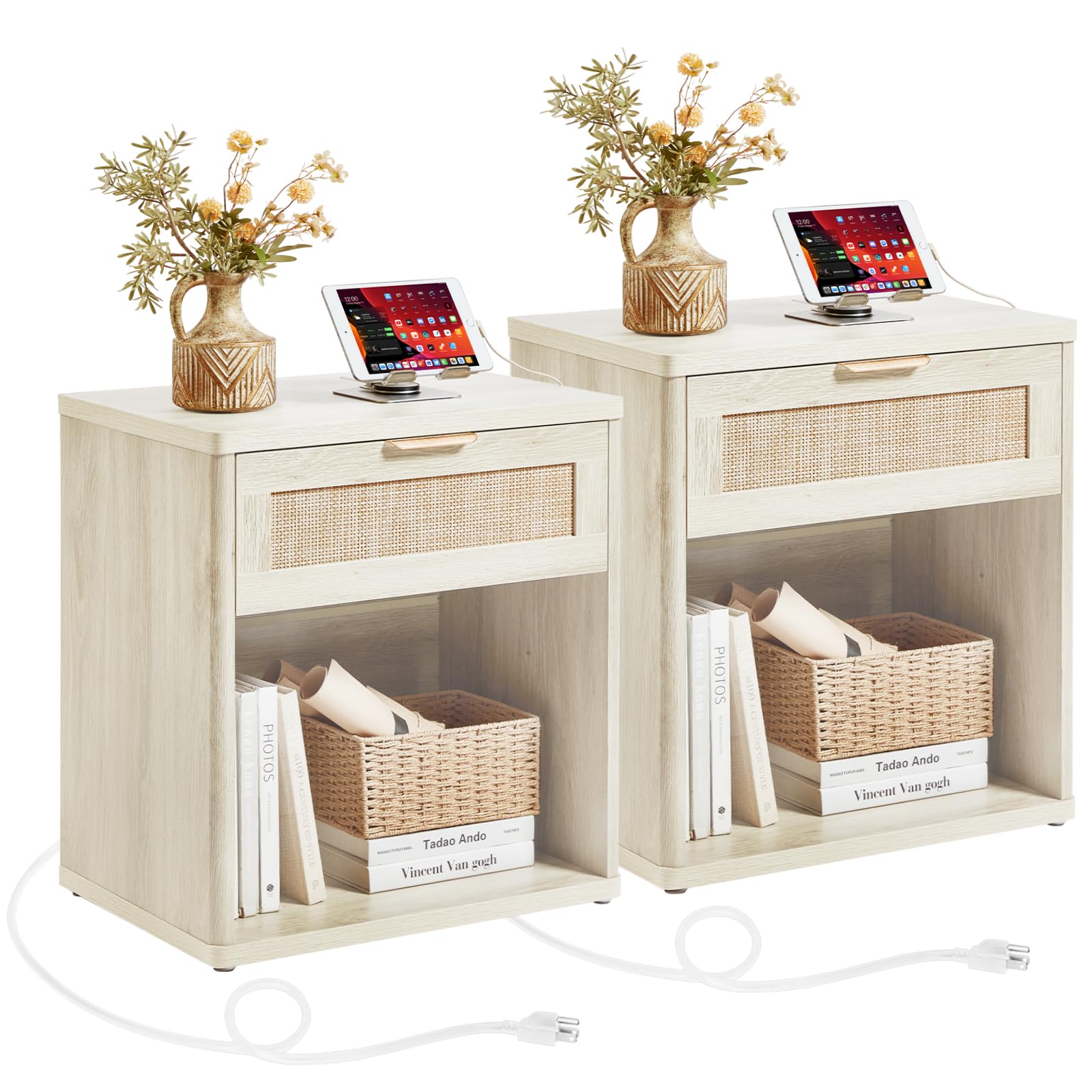 Rattan Nightstands Set of 2 with Charging Station (2 Count)