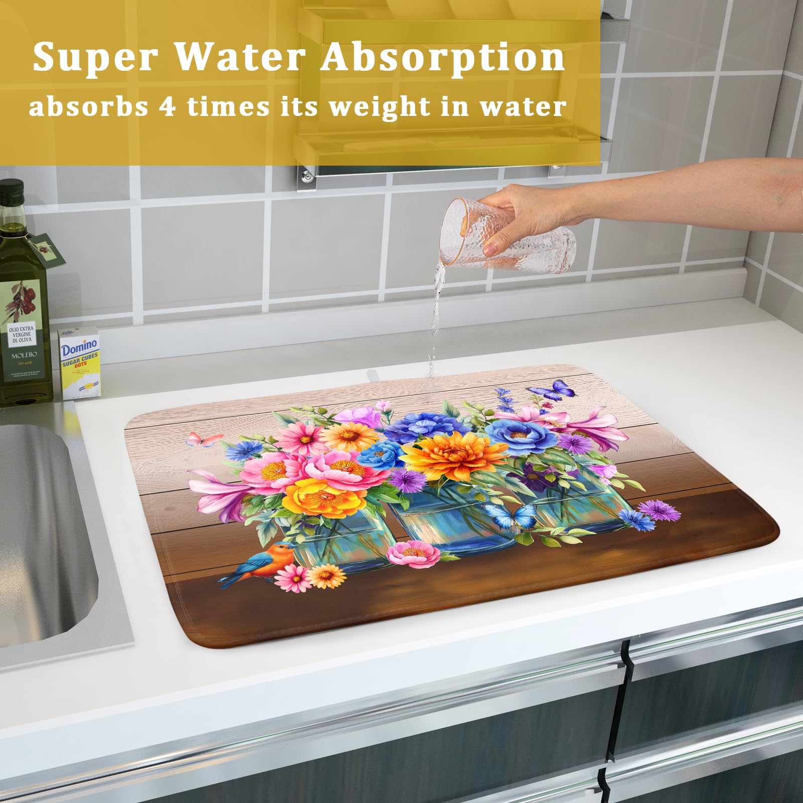 Summer Flowers Dish Drying Mat for Kitchen Counter 18x24in Vintage Colorful Floral Kitchen Drying Mat Soft Absorbent Microfiber Farmhouse Flowers Dish Drainer Rack Mats for Kitchen Countertops