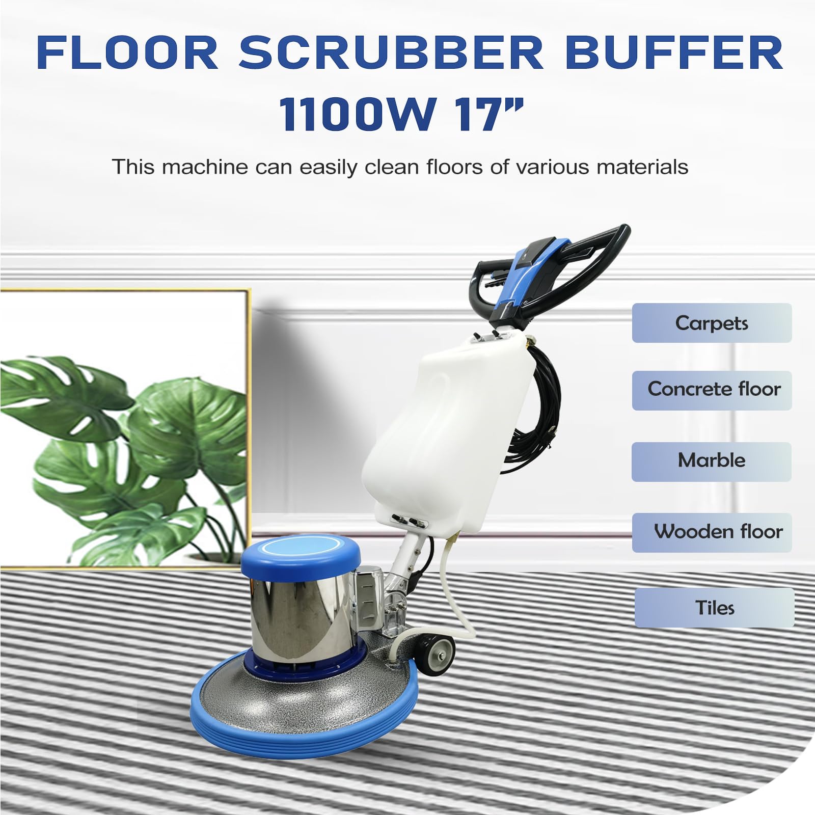 110V Floor Polisher Commercial Floor Scrubber Machine 17" Cleaning Path Carpet Buffer Scrubber with 3.1gal Water Tank 175Rpm 1100W