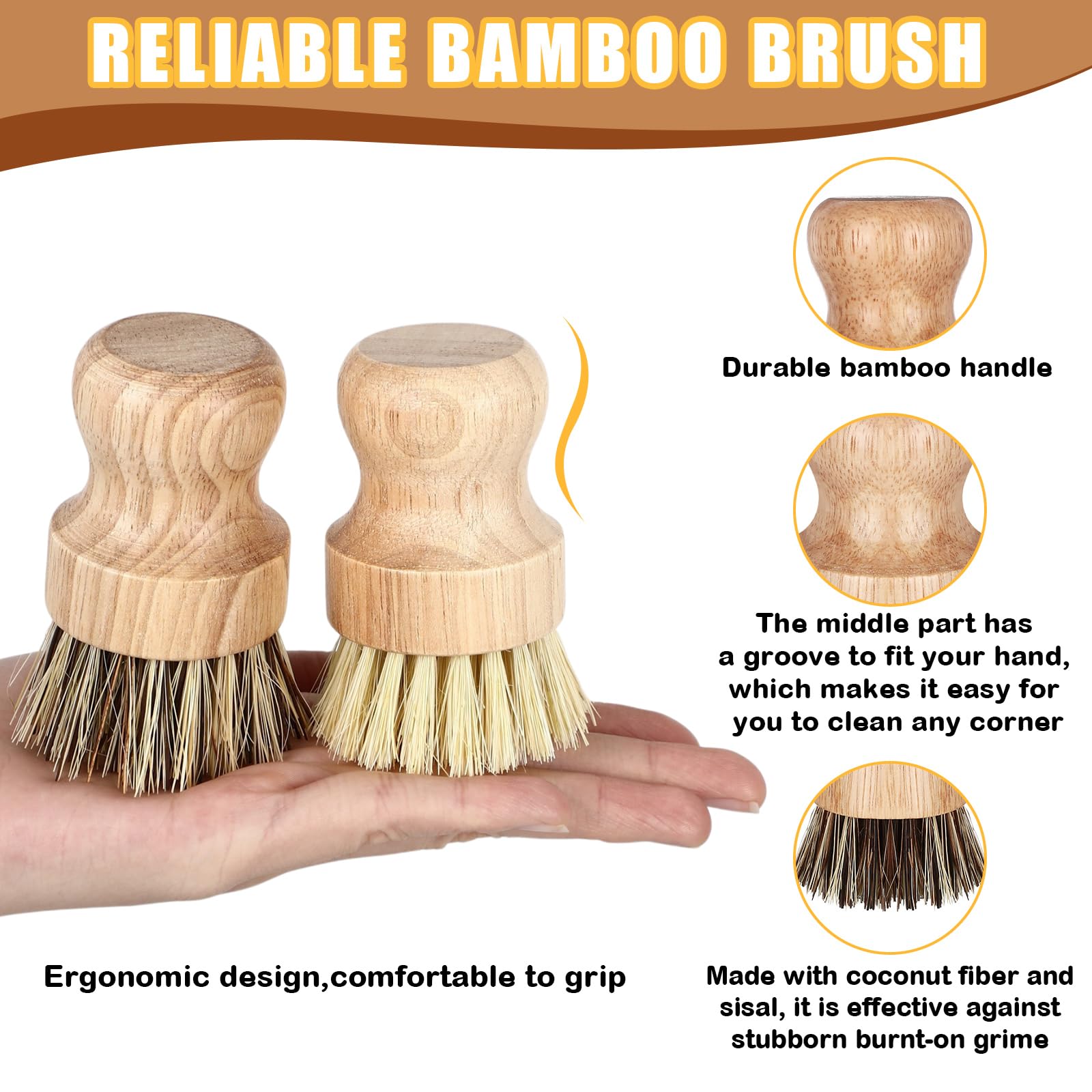 6 Packs Bamboo Dish Scrub Brushes Wooden Scrubbers Set Kitchen Dishwashing Scrubber with Natural Sisal Bristles for Iron Pot Pan Sink (6 Count)