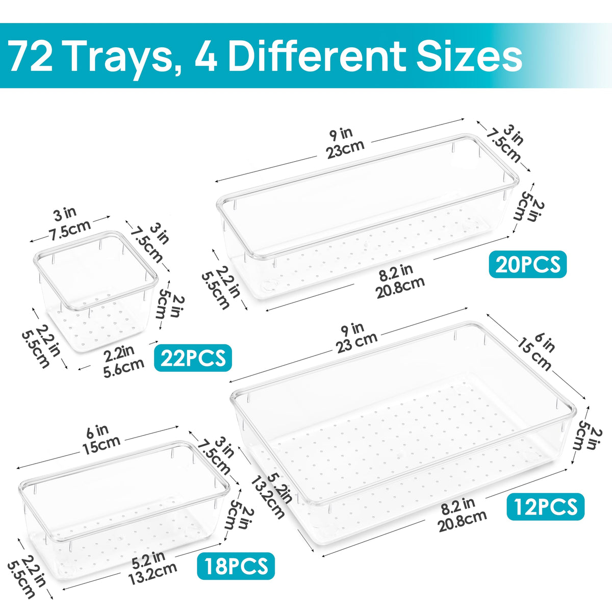 72 PCS Clear Plastic Drawer Organizers Set (72 Count)