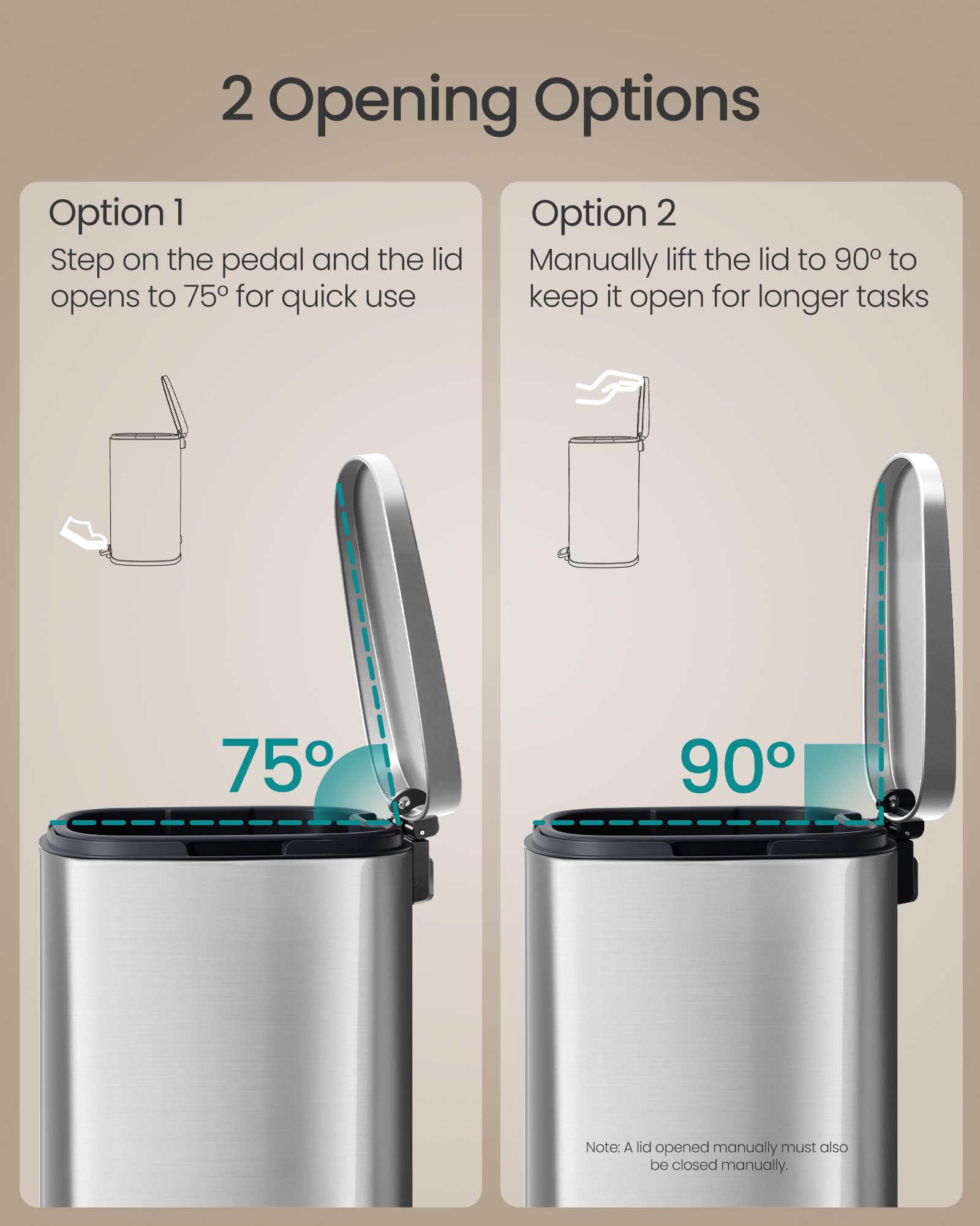 20-Gallon (75 L) Trash Can, Stainless Steel Kitchen Garbage Can, Recycling or Waste Bin, Soft Close, Step-On Pedal, Removable Inner Bucket, Silver ULTB075EZ01