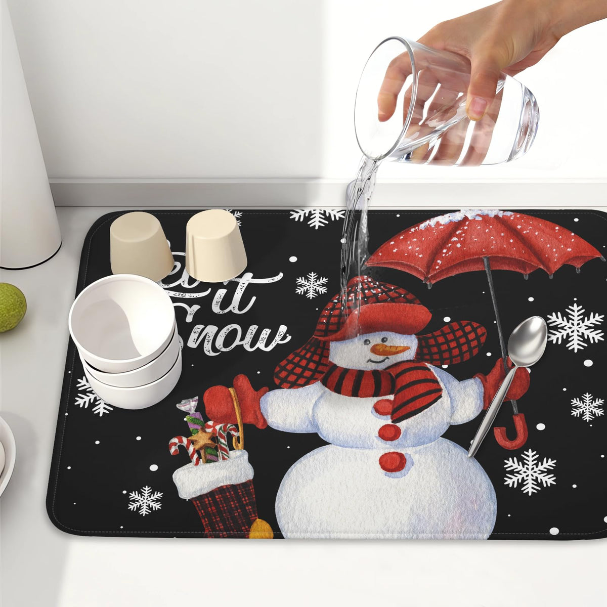Black Snowman Dish Drying Mats for Kitchen Counter