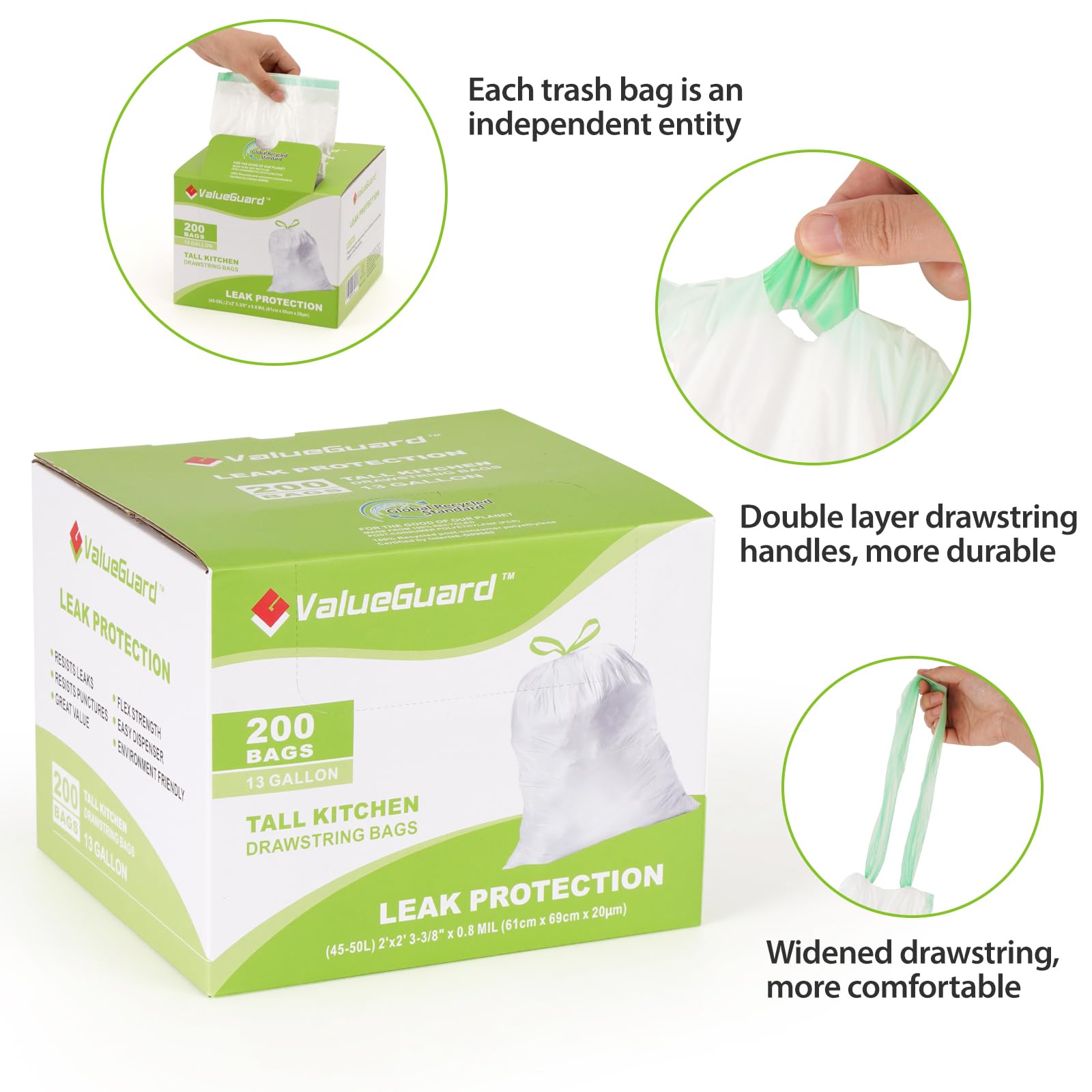 Large Trash Bag 13 Gallon Tall Drawstring 100% Post (200 Count)