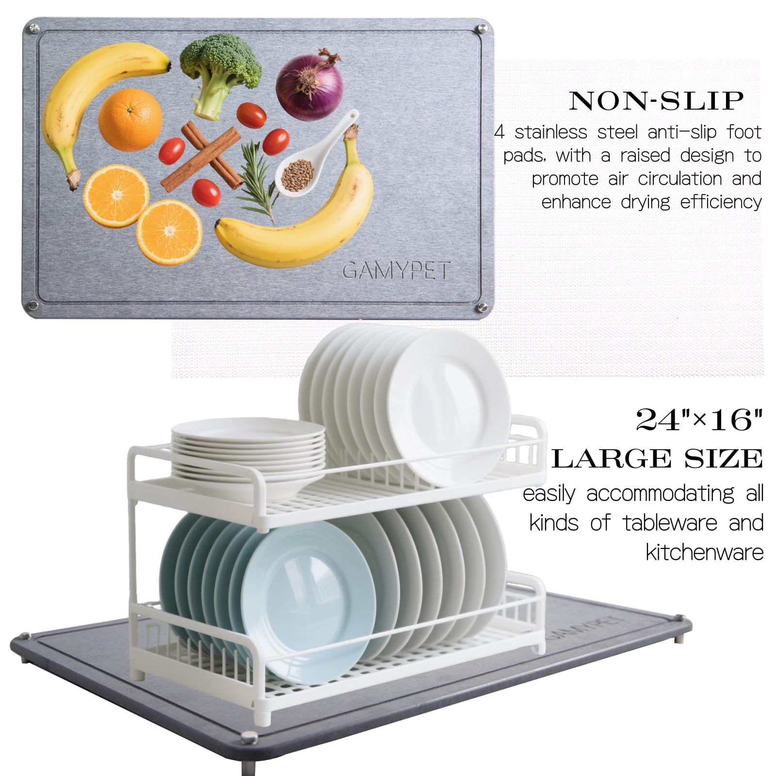 Large Dish Drying Stone Mat for Kitchen 24"x16" Light Gray