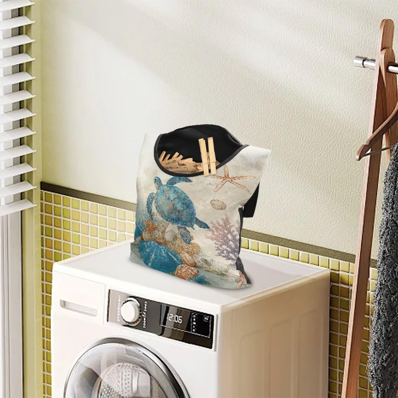 Blue Sea Turtle Clothespin Bag with Hanging Hook Clothes Pin Holder Waterproof Clothespin Storage Organizer with Large Opening Clothespin Bag for Clothesline Outdoor