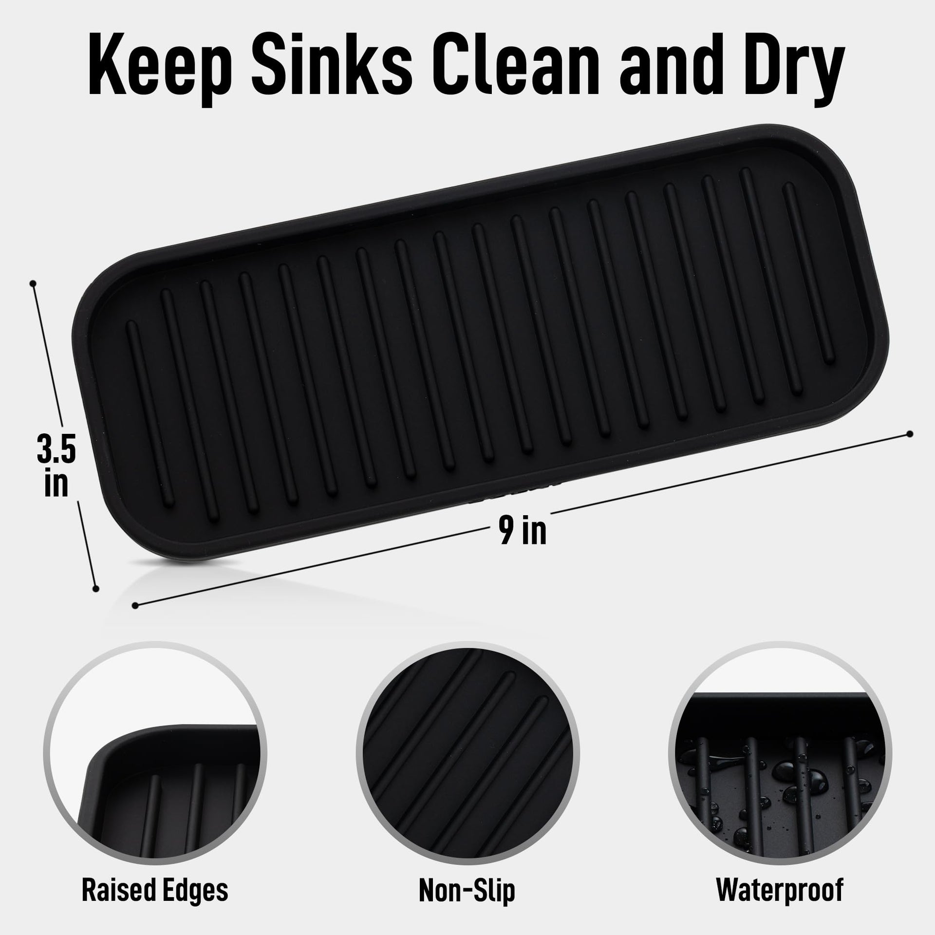 9x3.5) Silicone Sponge Holder for Kitchen Sink - Flexible Multipurpose Soap Tray Sponge Holder - Sink Organizer Tray for, Bathroom, Makeup, Trinkets & More (Black)