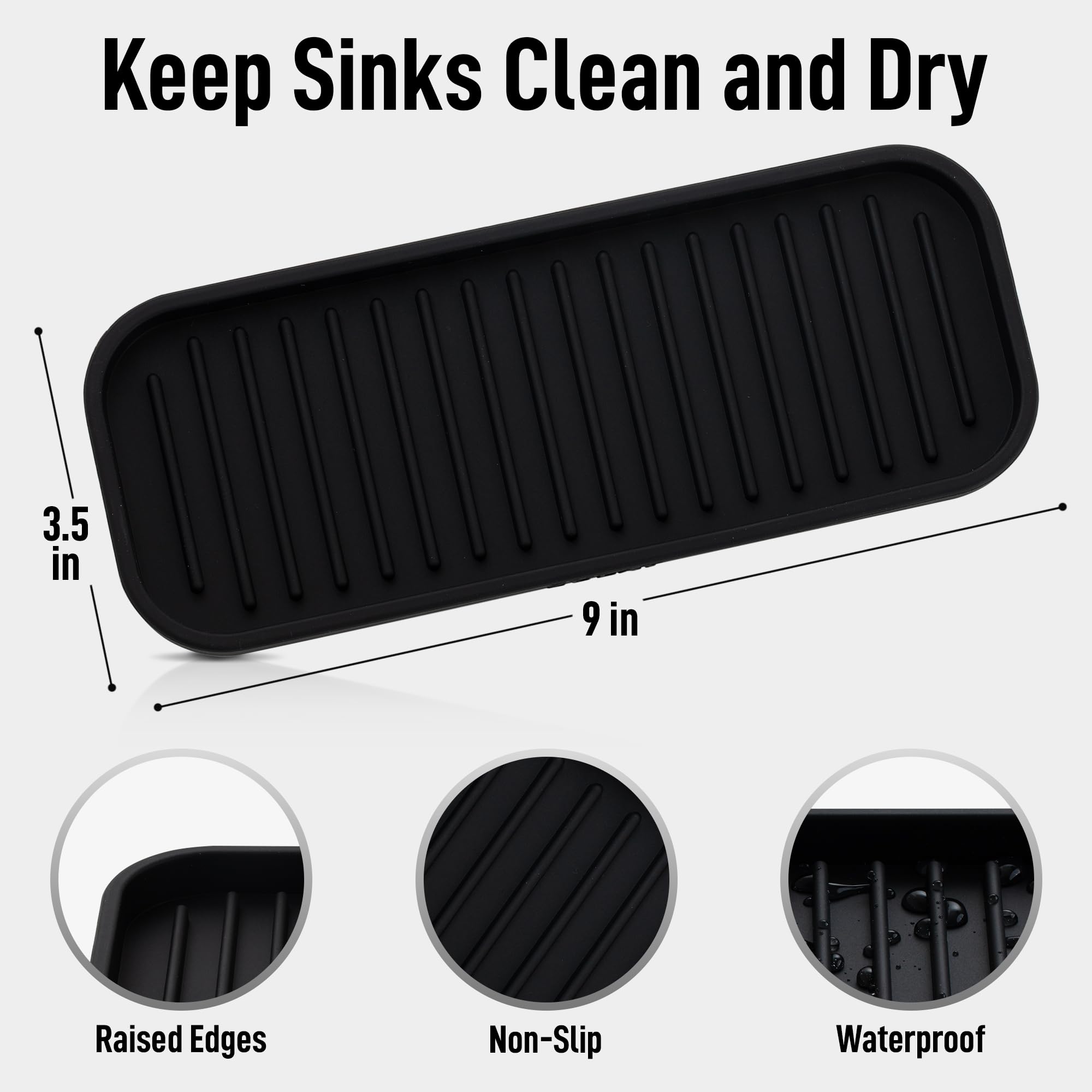 9x3.5) Silicone Sponge Holder for Kitchen Sink - Flexible Multipurpose Soap Tray Sponge Holder - Sink Organizer Tray for, Bathroom, Makeup, Trinkets & More (Black)