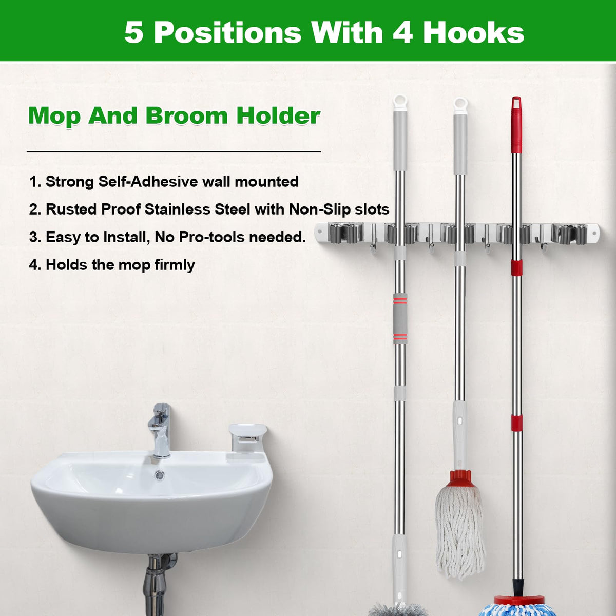 2 Pack] 5 Racks and 4 Hooks Mop and Broom Holder Wall Mount (2 Count)