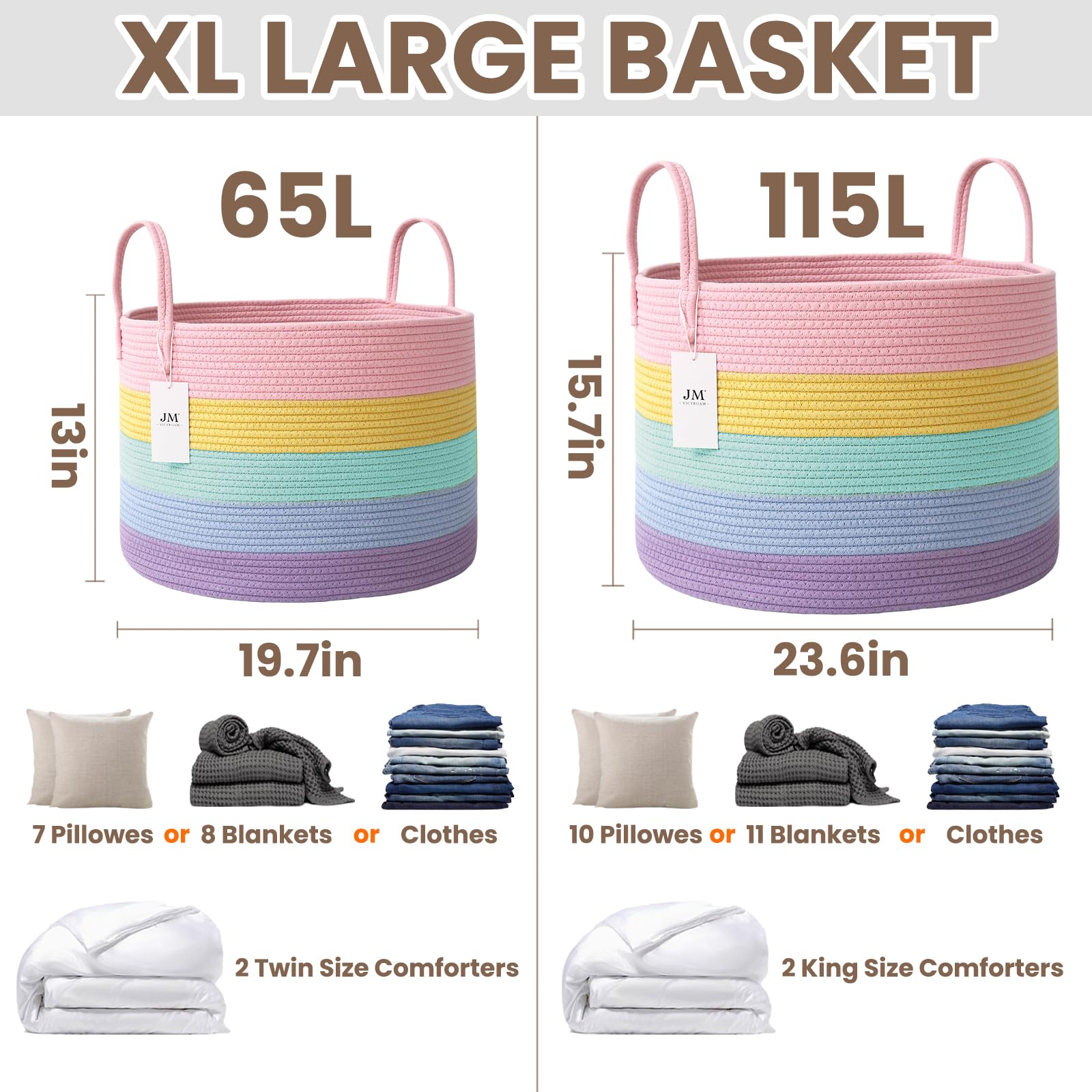 65L Extra Large Machine Washable Cotton Rope Blanket Basket