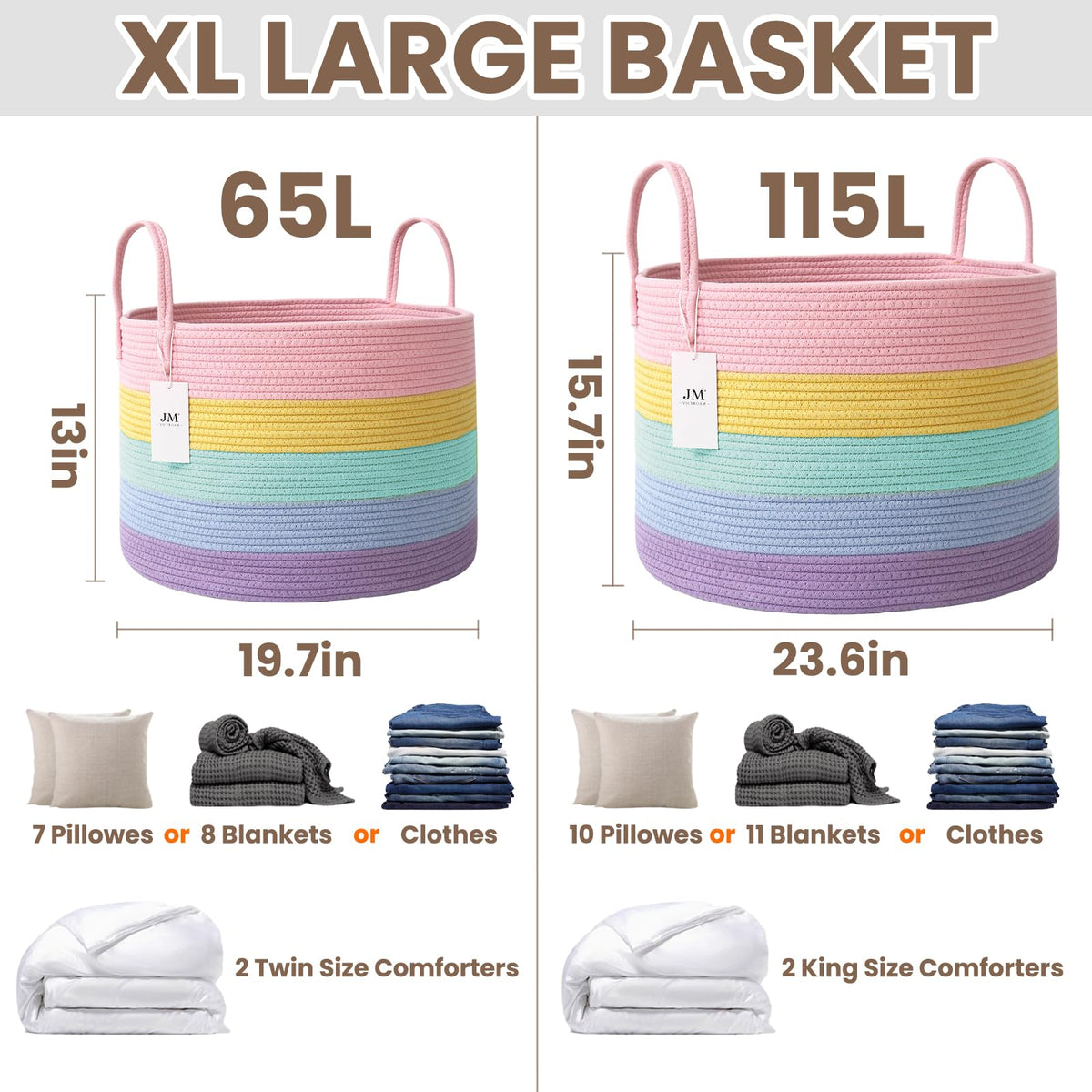115L Extra Large Machine Washable Cotton Rope Blanket Basket