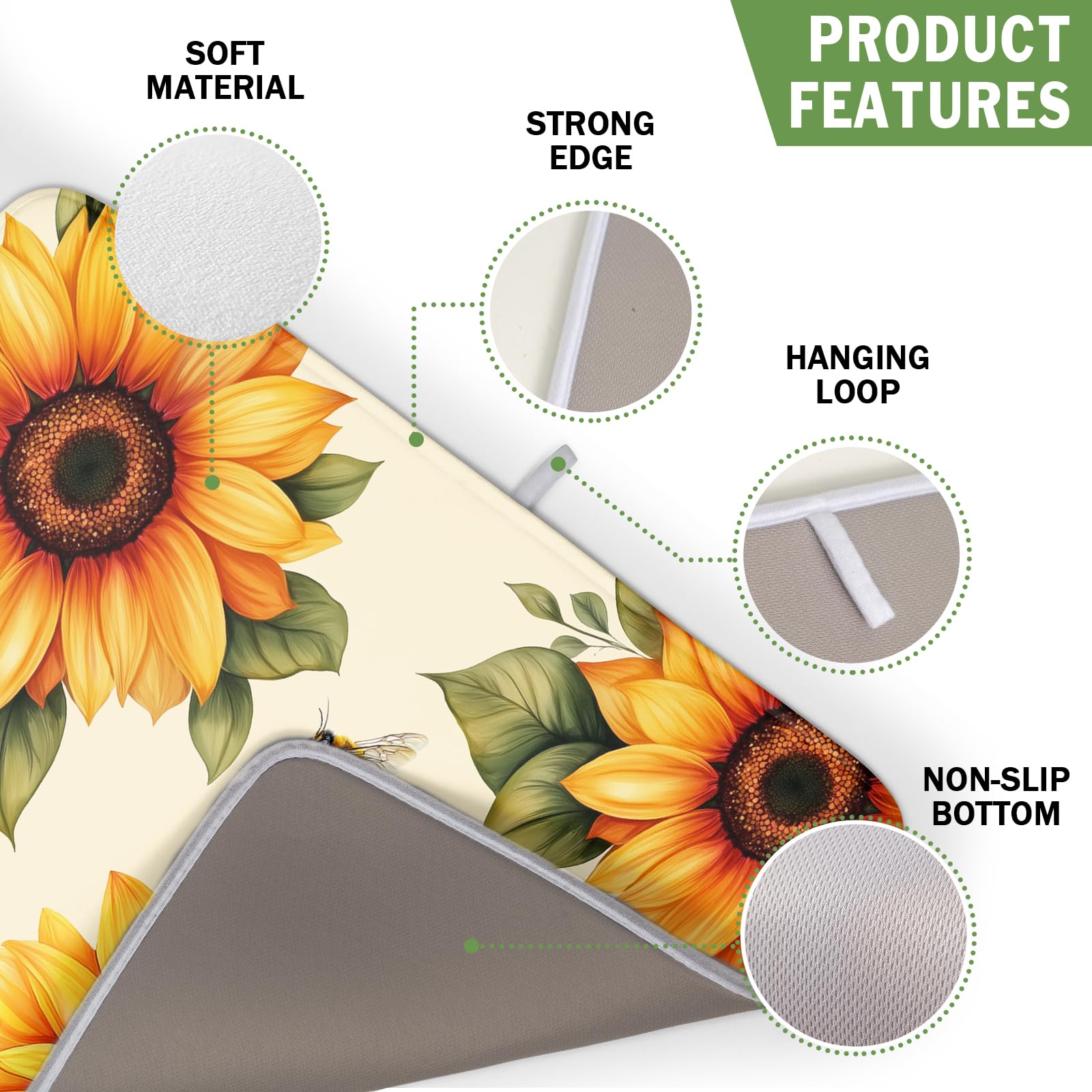 Sunflower Dish Drying Mat 16x18 Inch Absorbent Reversible Summer Drying Mat Sunflower Bee Dish Drying Rack Mat Yellow Summer Themed Dish Drainer Mat for Kitchen Counter Coffee Bar