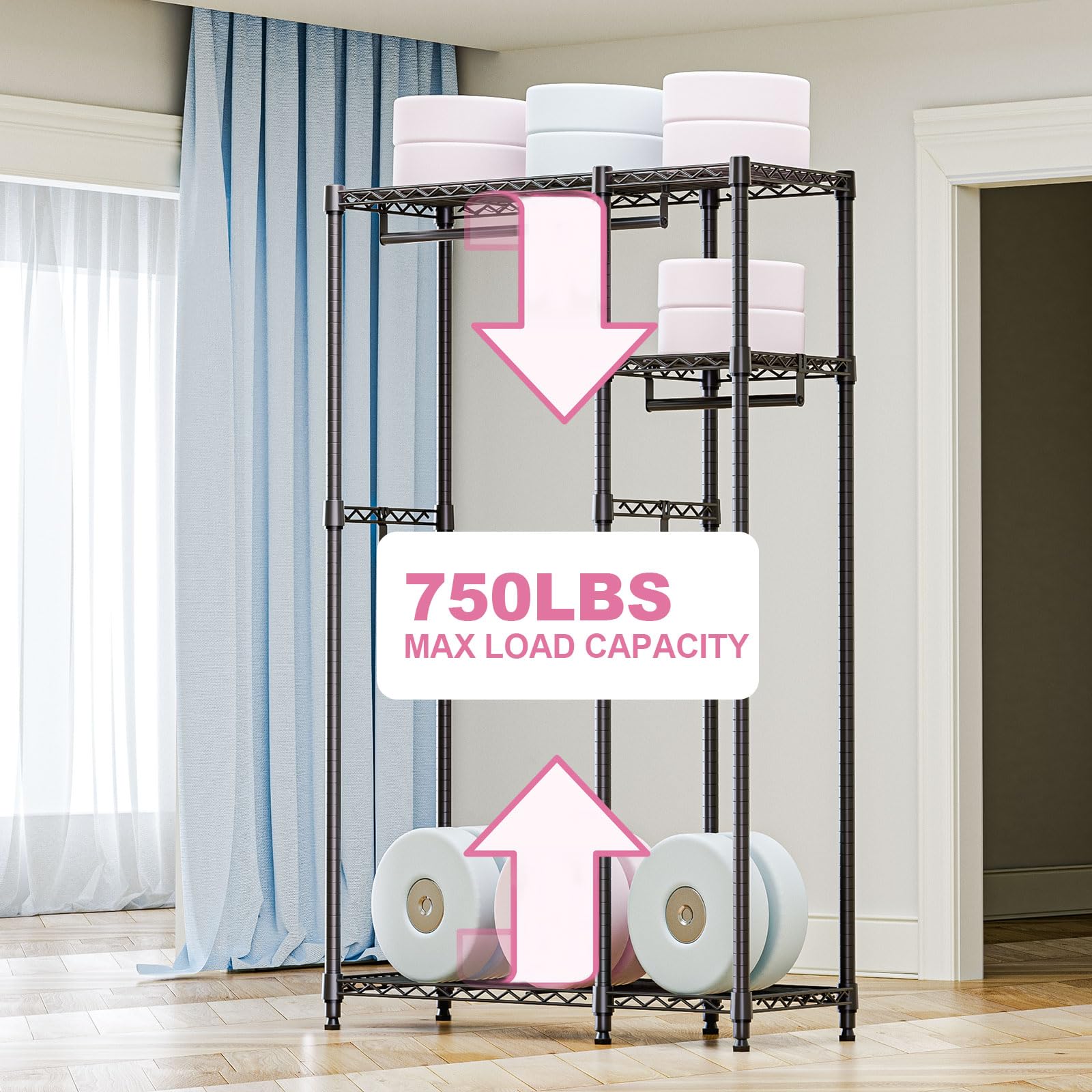 Heavy Duty Rolling Garment Rack 3 Tiers Adjustable Wire Shelving Clothes Rack with 3 Rods and Side Hooks