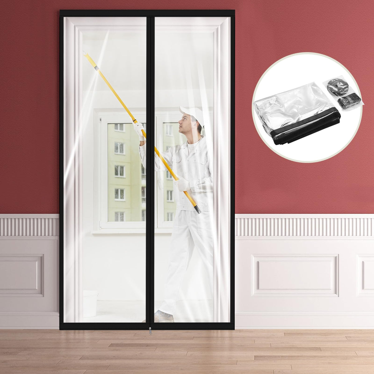 Zipper 34 x 80 Inch Dust Barrier Door Kit Construction Door Barrier 2.8 x 6.7 ft Reusable Plastic Curtain Cover Containment Standard Doorway Temporary Wall Screen Sheeting for Bathroom Hallway