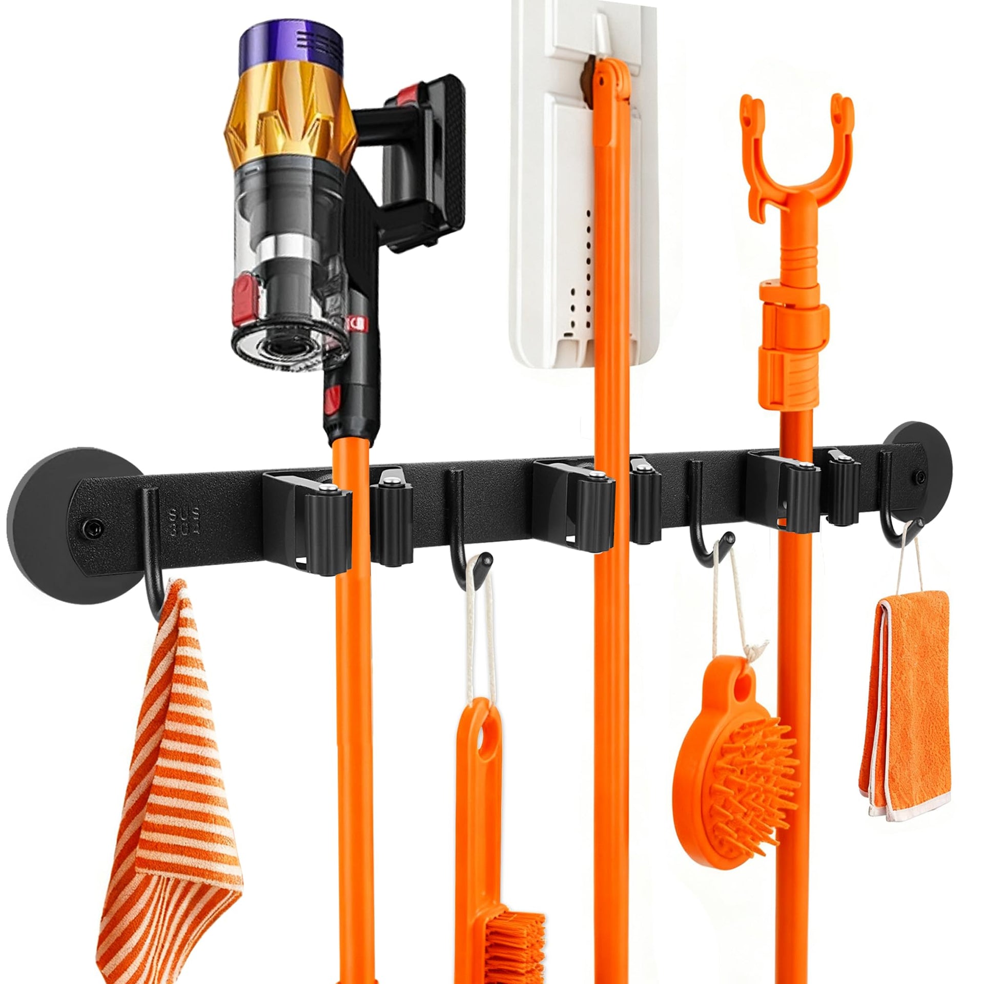 Magnetic Broom Holder Wall Mount with 4 Hooks and 3 Rack