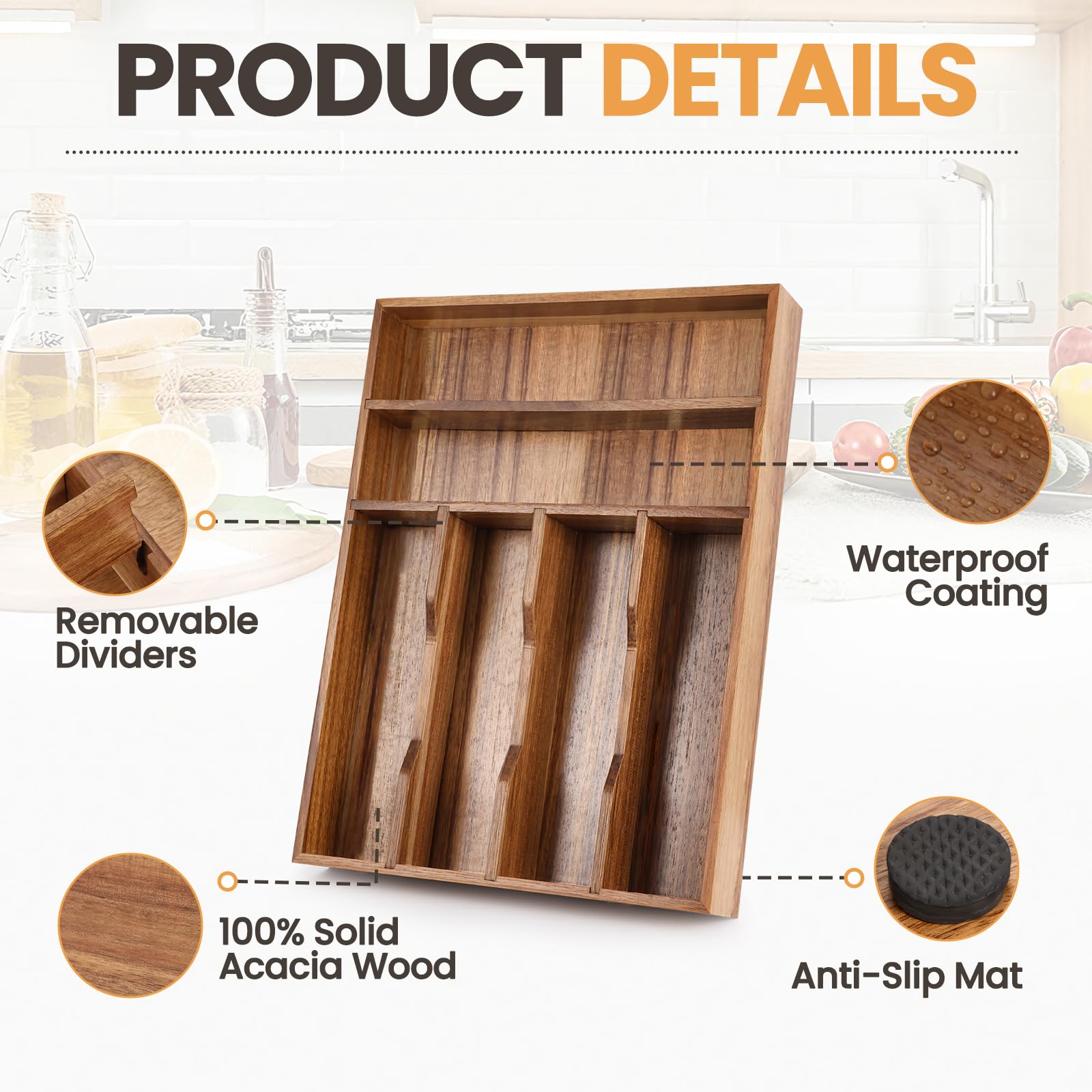Acacia Wood Silverware Drawer Organizer