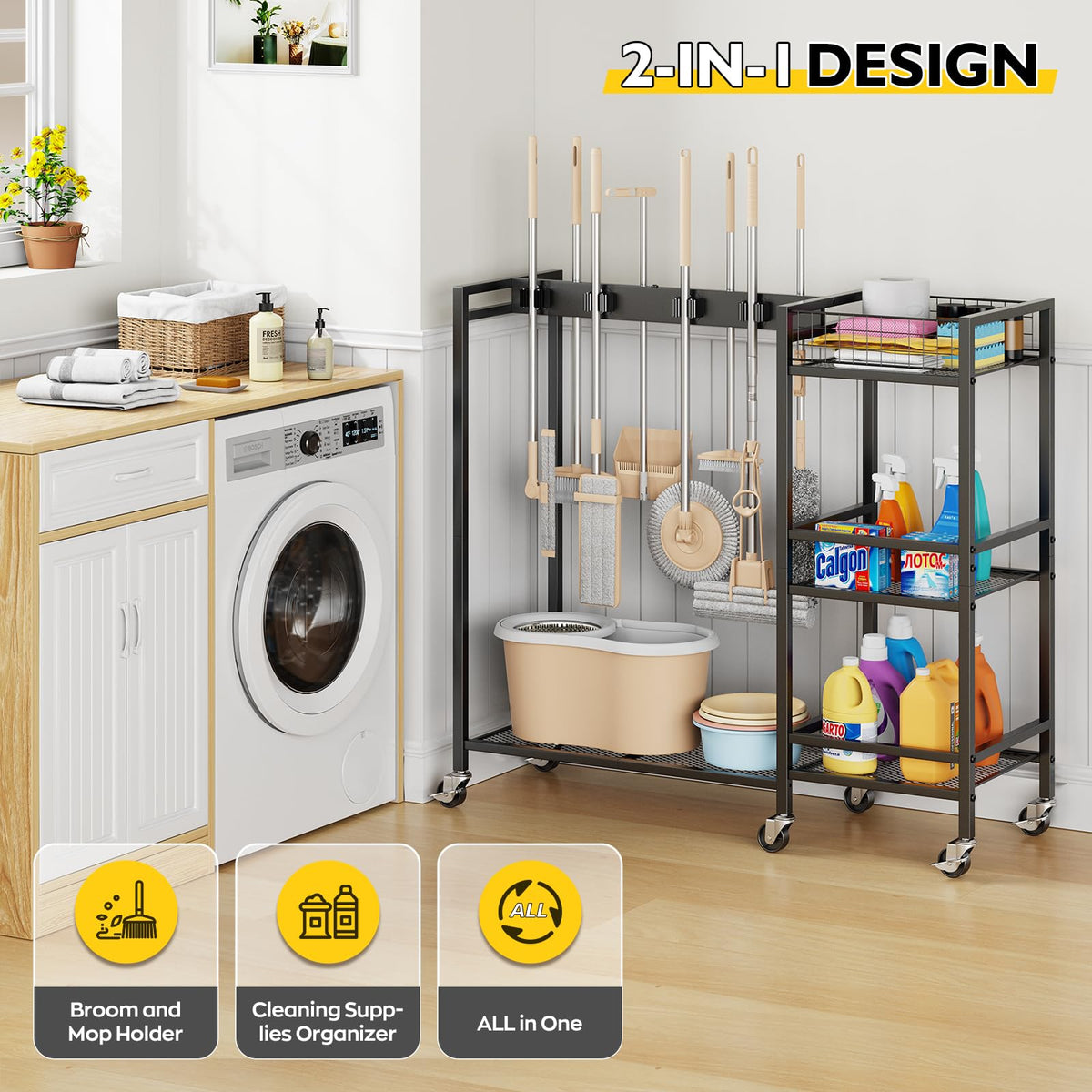 Broom Holder with Cleaning Supplies Organizer