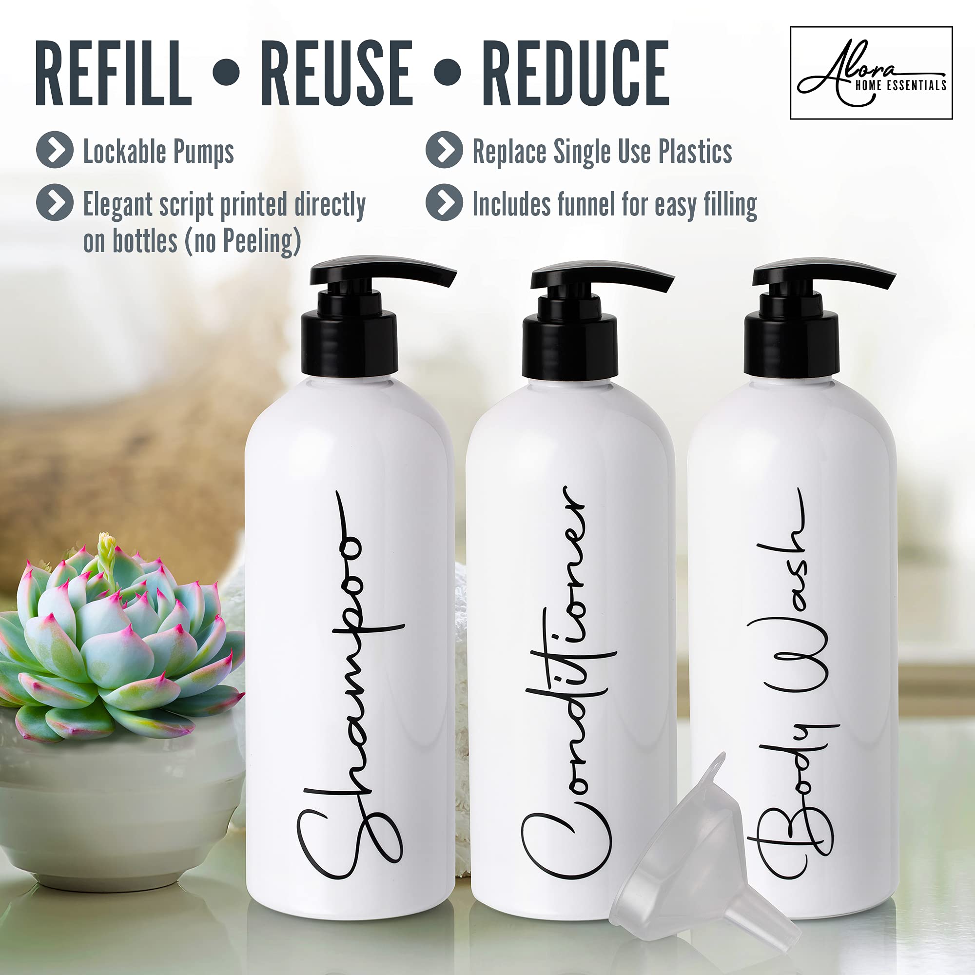 Alora 16oz Refillable Shampoo and Conditioner Dispenser Bottles (3 Count)