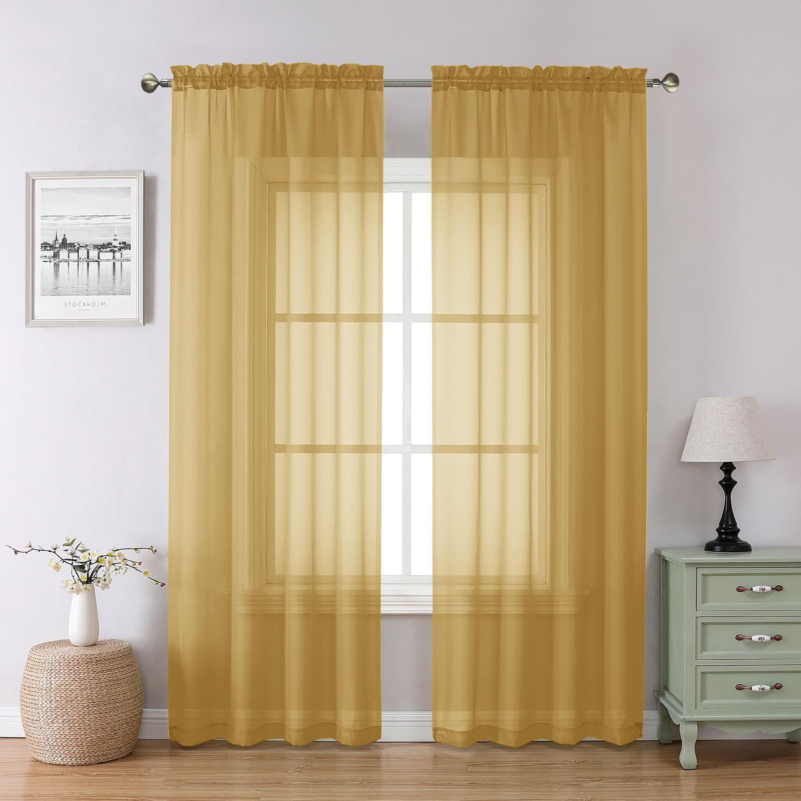 Gold Sheer Curtains 84 inches Long 2 Panels Set (2 Count)