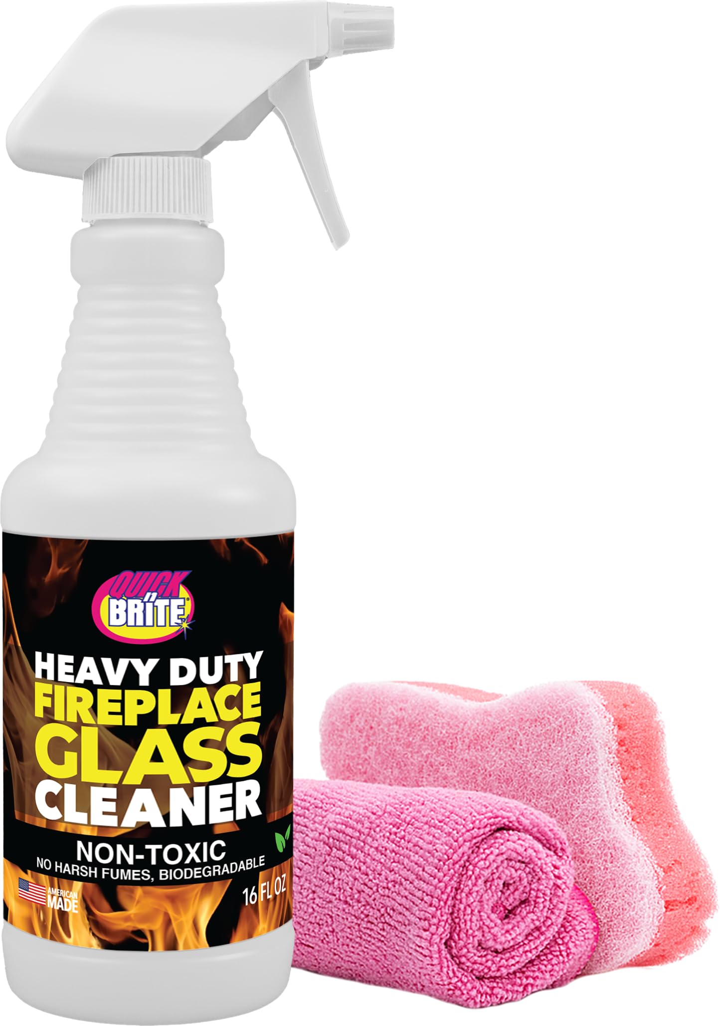 Quick N Brite Fireplace Glass Cleaner Kit with Cloth and Sponge (16 Fl Oz)