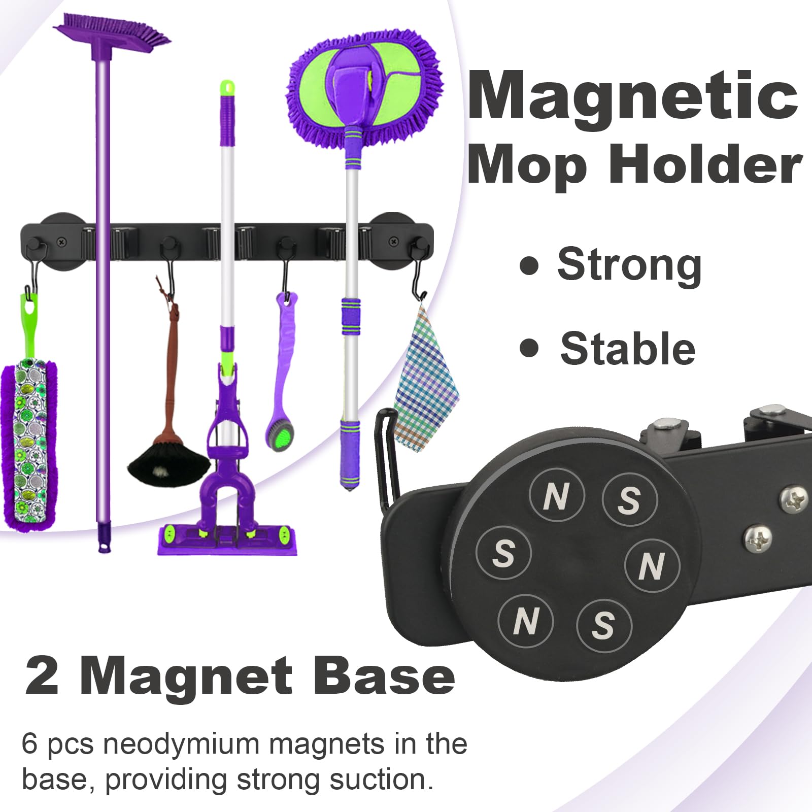 Heavy Duty Magnetic Mop Broom Holder with Swivel Hooks