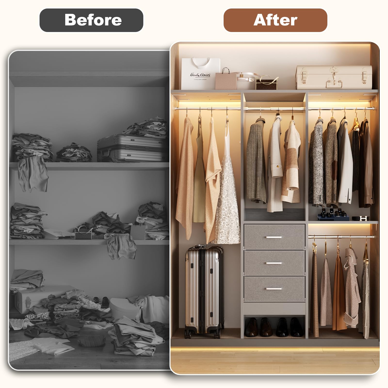 4FT Small Closet System with 3 Fabric Drawers