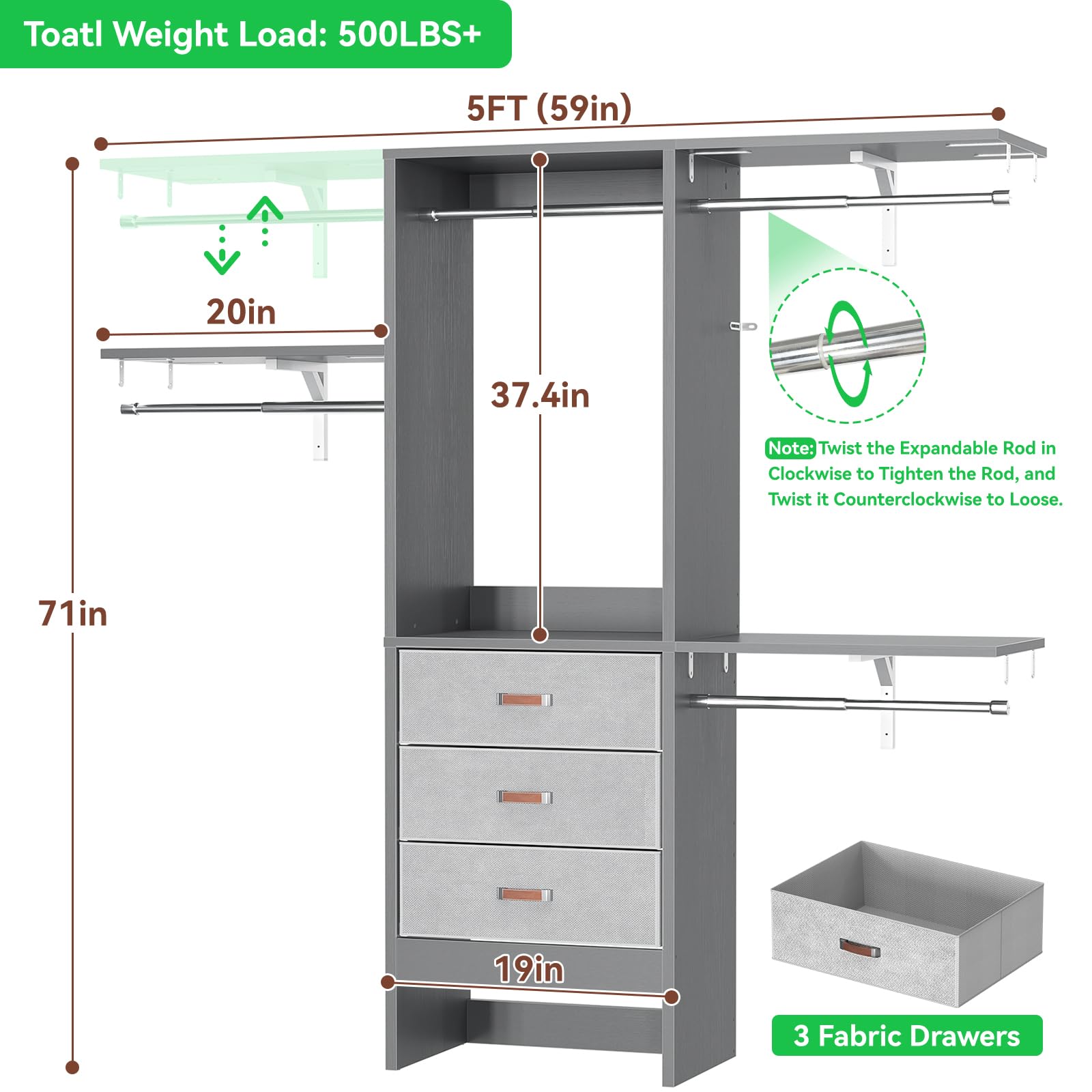 5FT Small Closet System with 3 Fabric Drawers