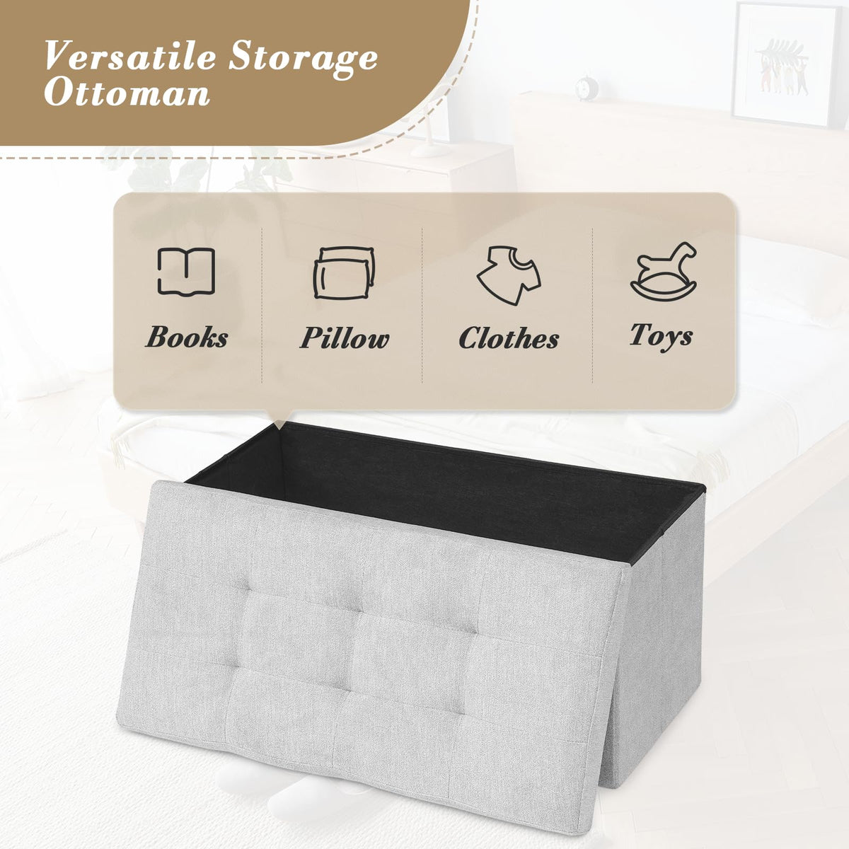 30" Storage Ottoman Bench Folding Bench with 90L Hidden Storage