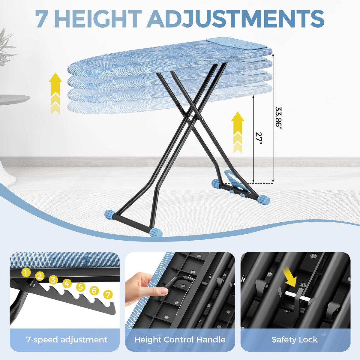 Foldable 7 Level Heigh Adjustable Ironing Board with Iron Rest