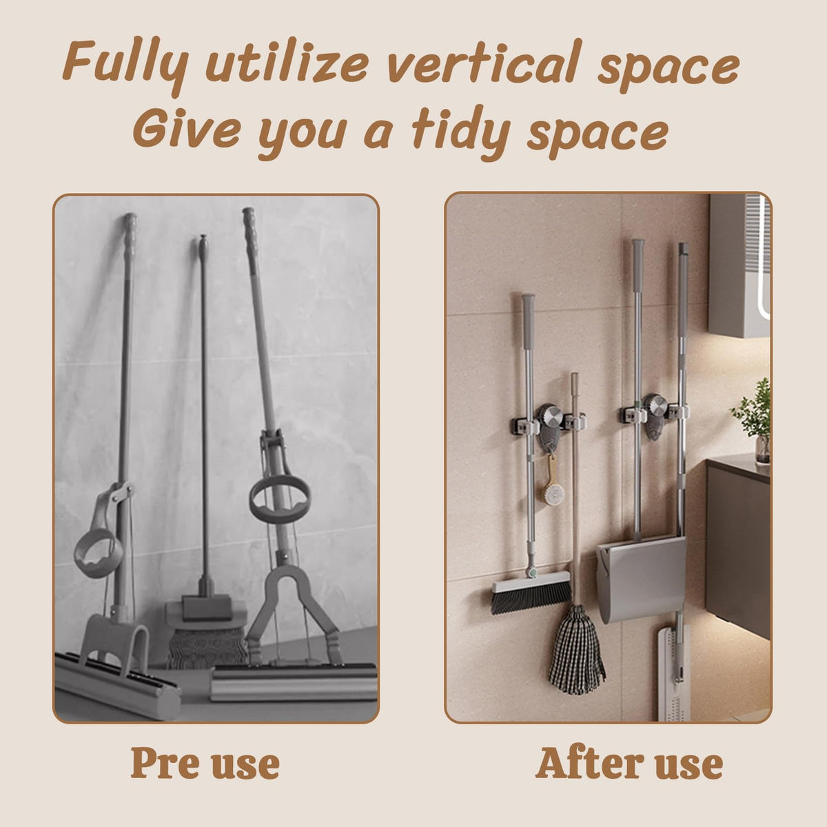 3 Pcs Wall Mounted Broom and Mop Holder Powerful Suction Cups Heavy Duty Garden Tool Organizer Rack for Garage