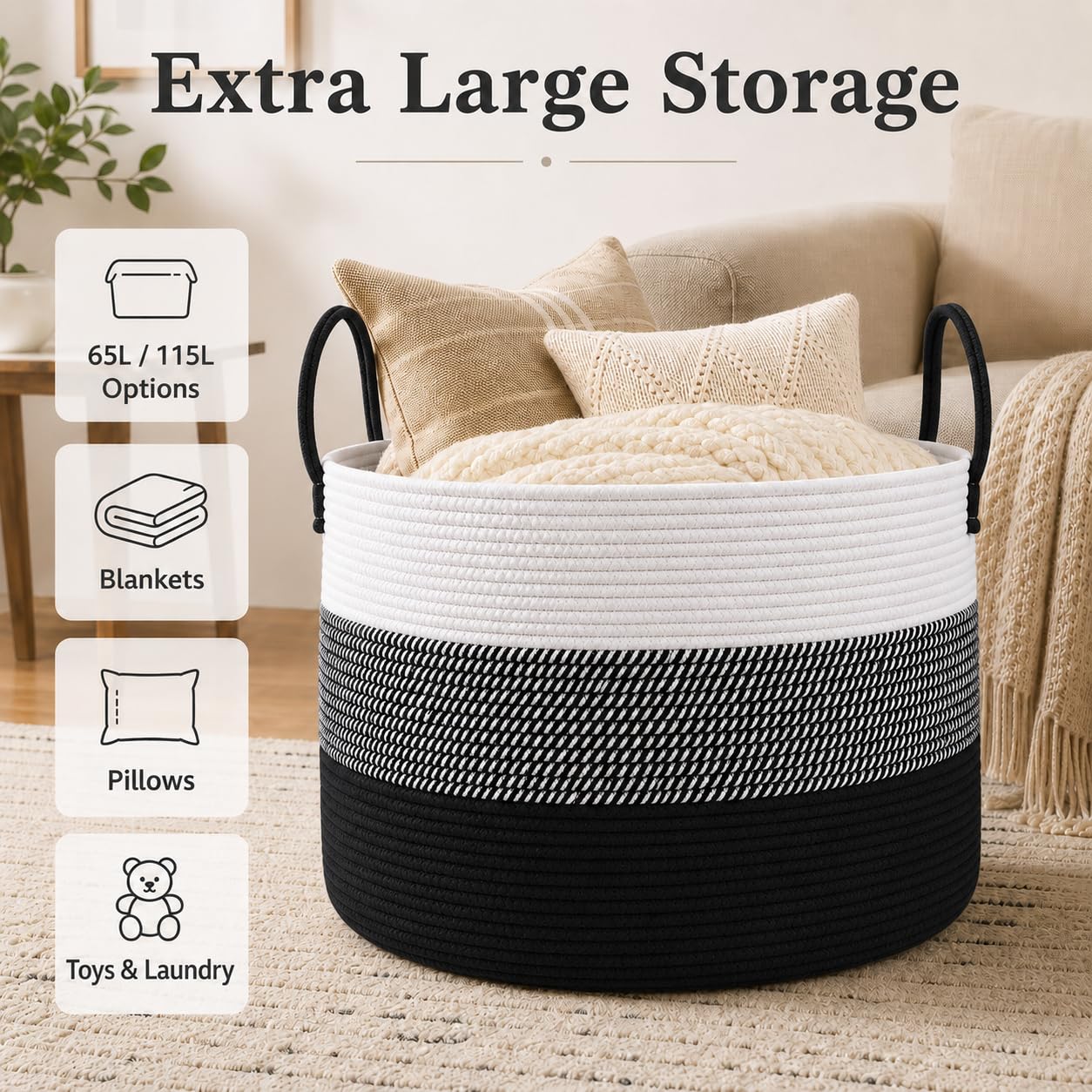 65L Extra Large Machine Washable Cotton Rope Blanket Basket