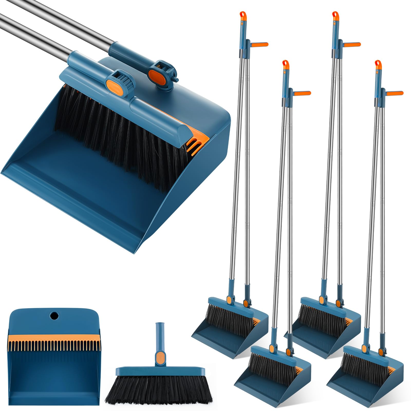 4 Set 8 Pcs Broom and Dustpan Set 47 Inch Long Handle Brooms for Sweeping Indoor Household Dustpans for Indoor Outdoor Kitchen Floor
