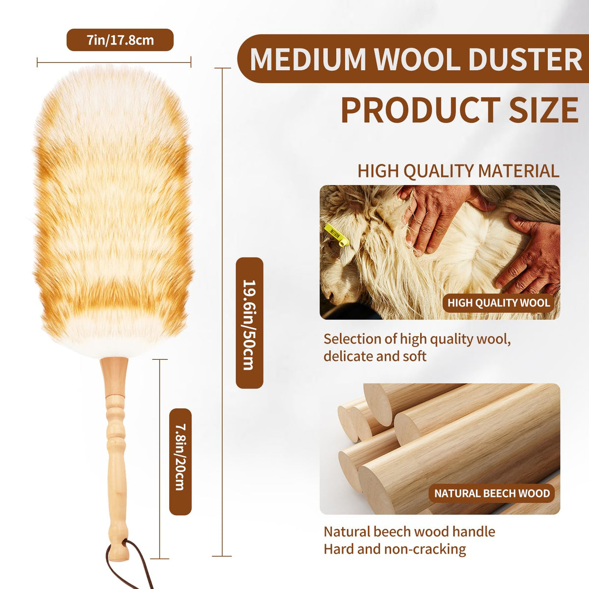 Lambswool Duster for Cleaning with Solid Wooden Handle Leather Hang Strap 19.6 inch Natural Feather Duster for Cleaning Ceiling Fans Window Blinds Computer Furniture (2 Count)