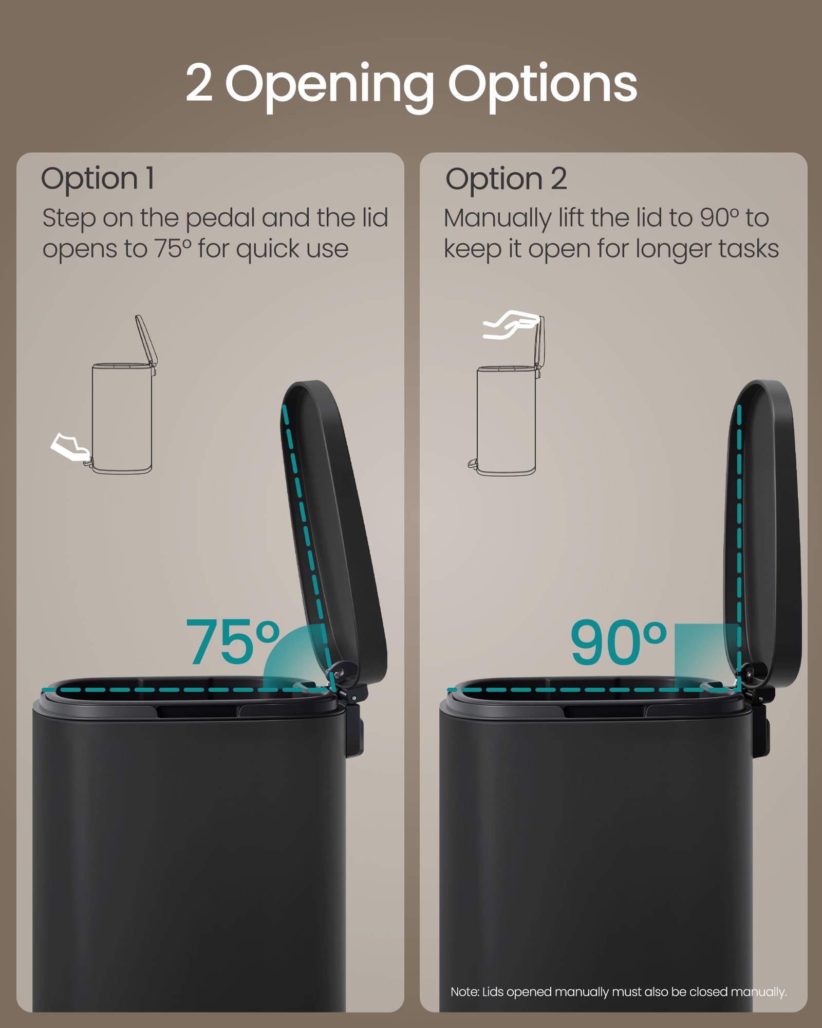 20-Gallon (75 L) Trash Can, Stainless Steel Kitchen Garbage Can, Recycling or Waste Bin, Soft Close, Step-On Pedal, Removable Inner Bucket, Black ULTB075BZ01