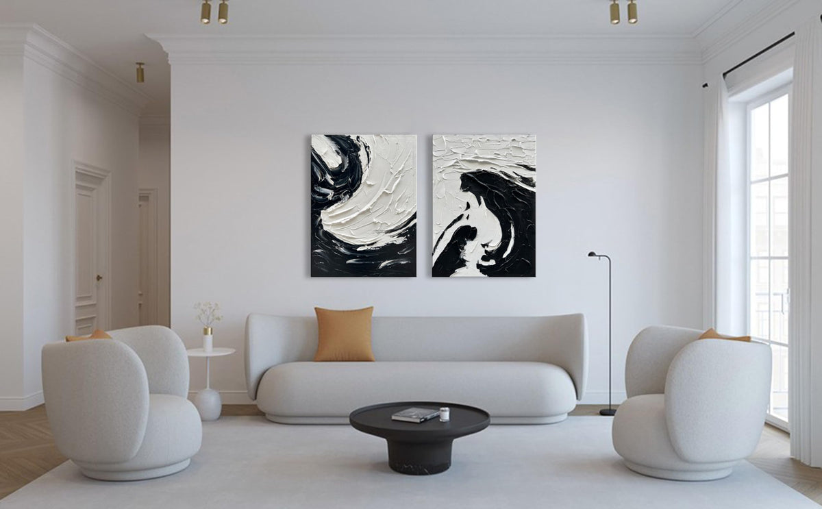 Art Minimalist Style Black and White Abstract Oil Painting. Pure Hand