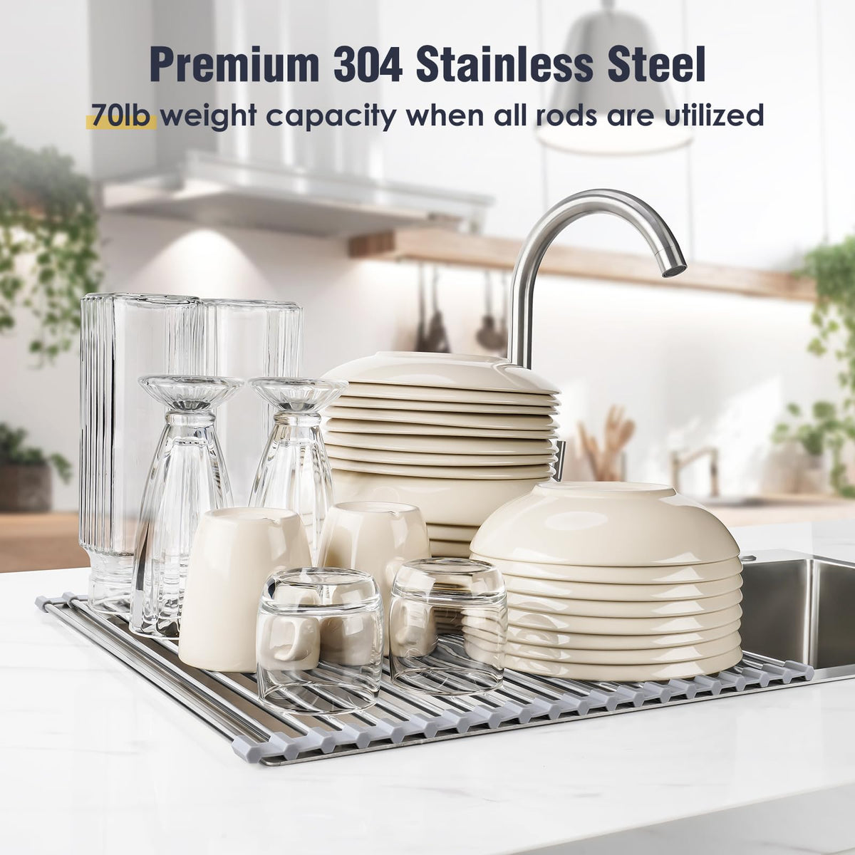 17.7" x 15.5" Roll Up Dish Drying Rack Over Sink Drying Rack Sink Cover Kitchen Sink Accessories Gadget Multipurpose Organizer Foldable Stainless Steel Drainer
