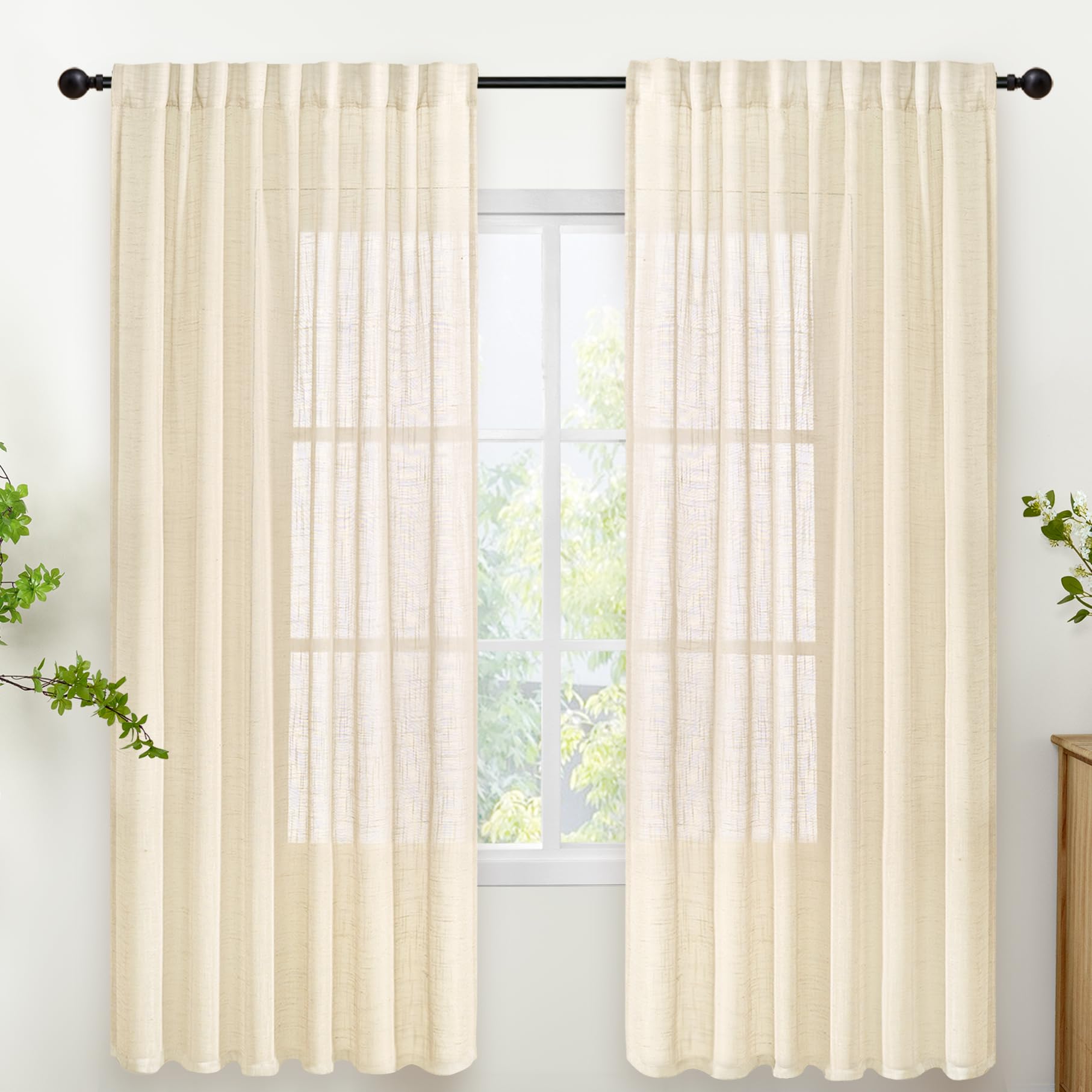 72 Inch Length Beige Linen Curtains for Living Room (2 Count)