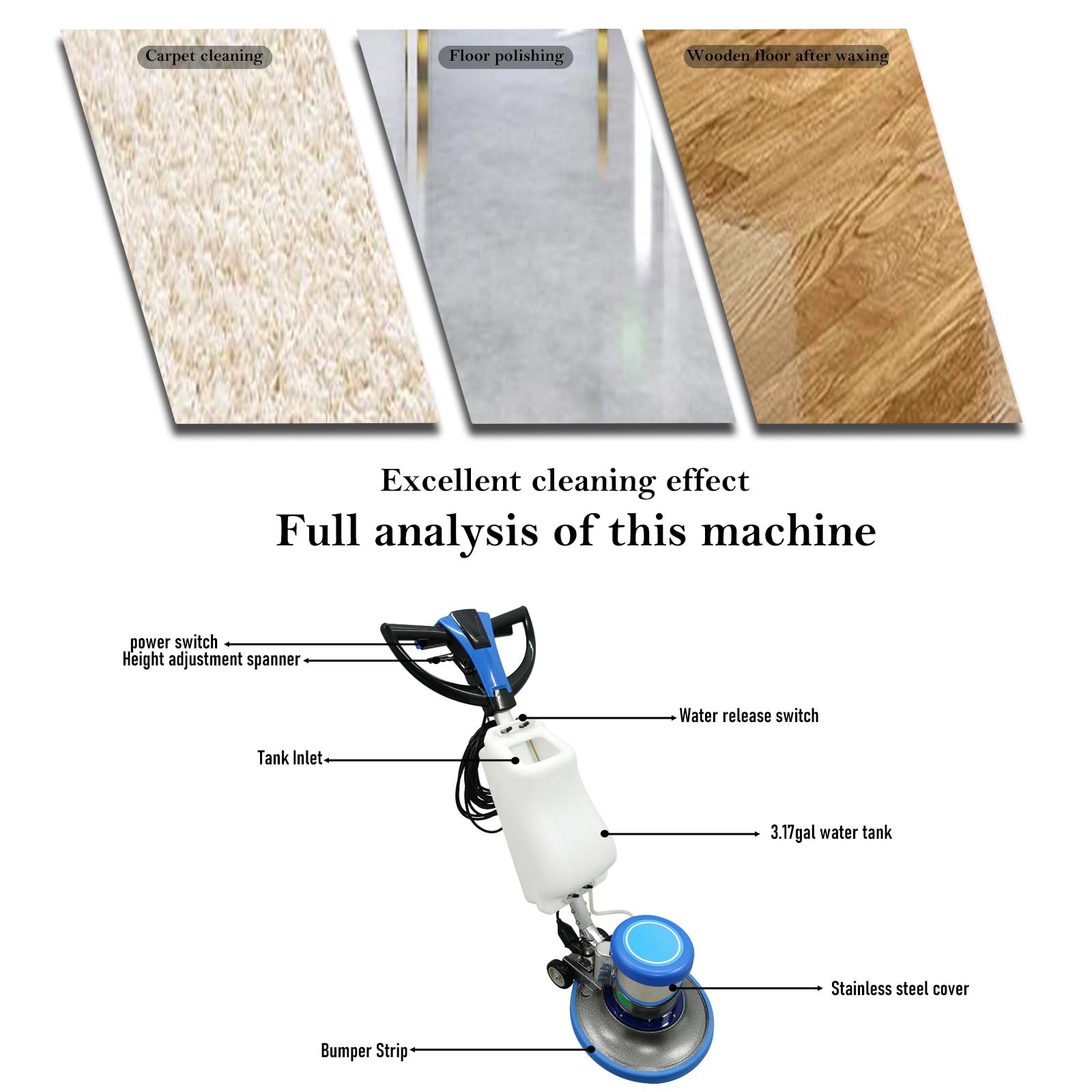 110V Floor Polisher Commercial Floor Scrubber Machine 17" Cleaning Path Carpet Buffer Scrubber with 3.1gal Water Tank 175Rpm 1100W
