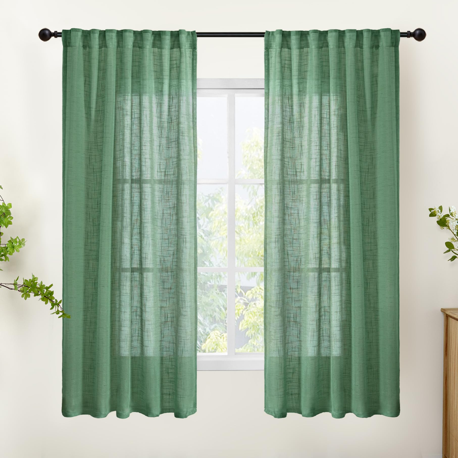 Green Linen Semi Sheer Curtains 63 Inch Length (2 Count)