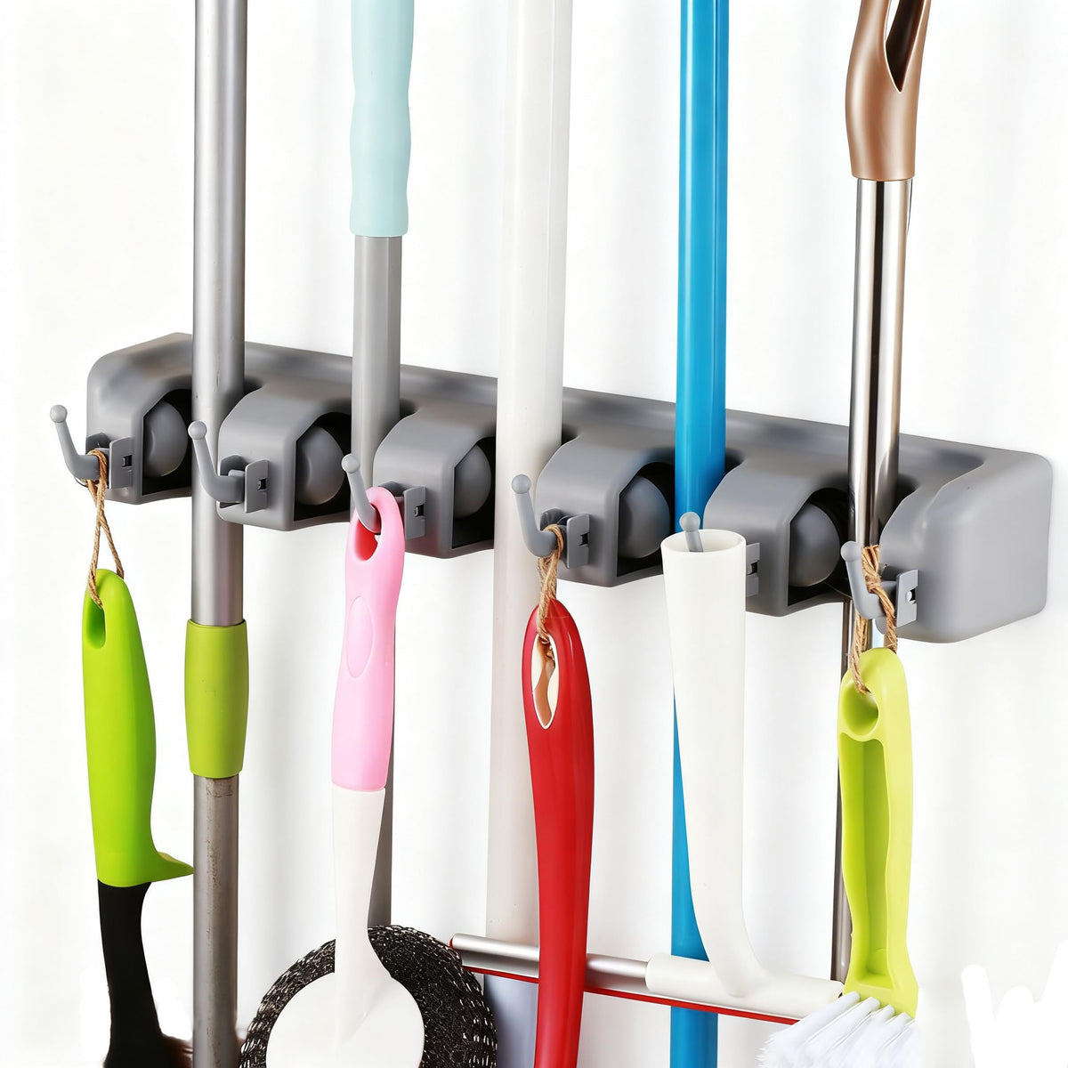 2 Pack Mop and Broom Holder Wall Mounted 5 Position Storage Rack with 6 Retractable Hooks Holds up to 11 Tools Utility Weatherproof Holder for Garage Storage Systems Broom Organizer