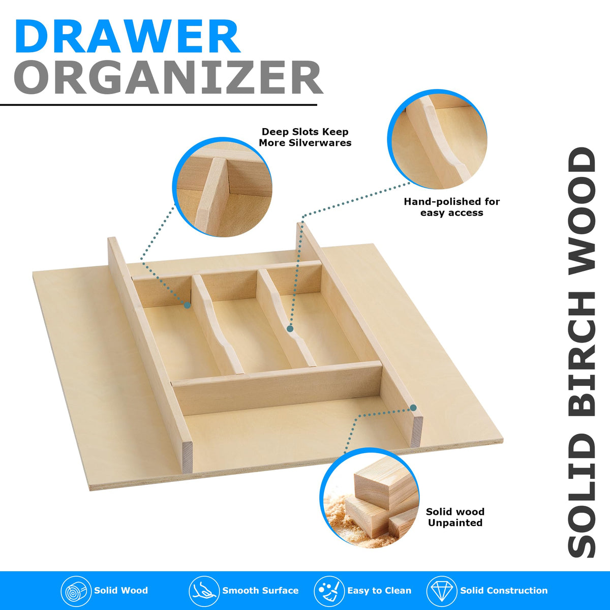 Premium Wooden Silverware Organizer for Kitchen Drawers