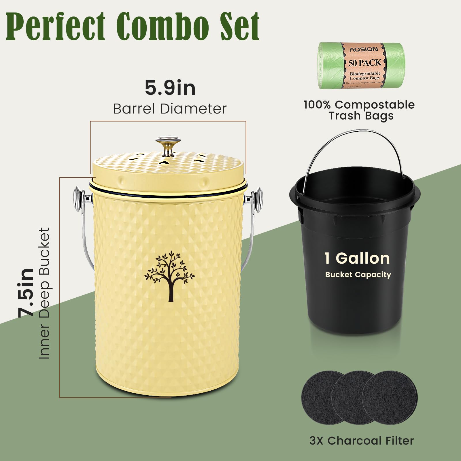 Countertop Kitchen Odorless Compost Bin with Removable Inner Bucket