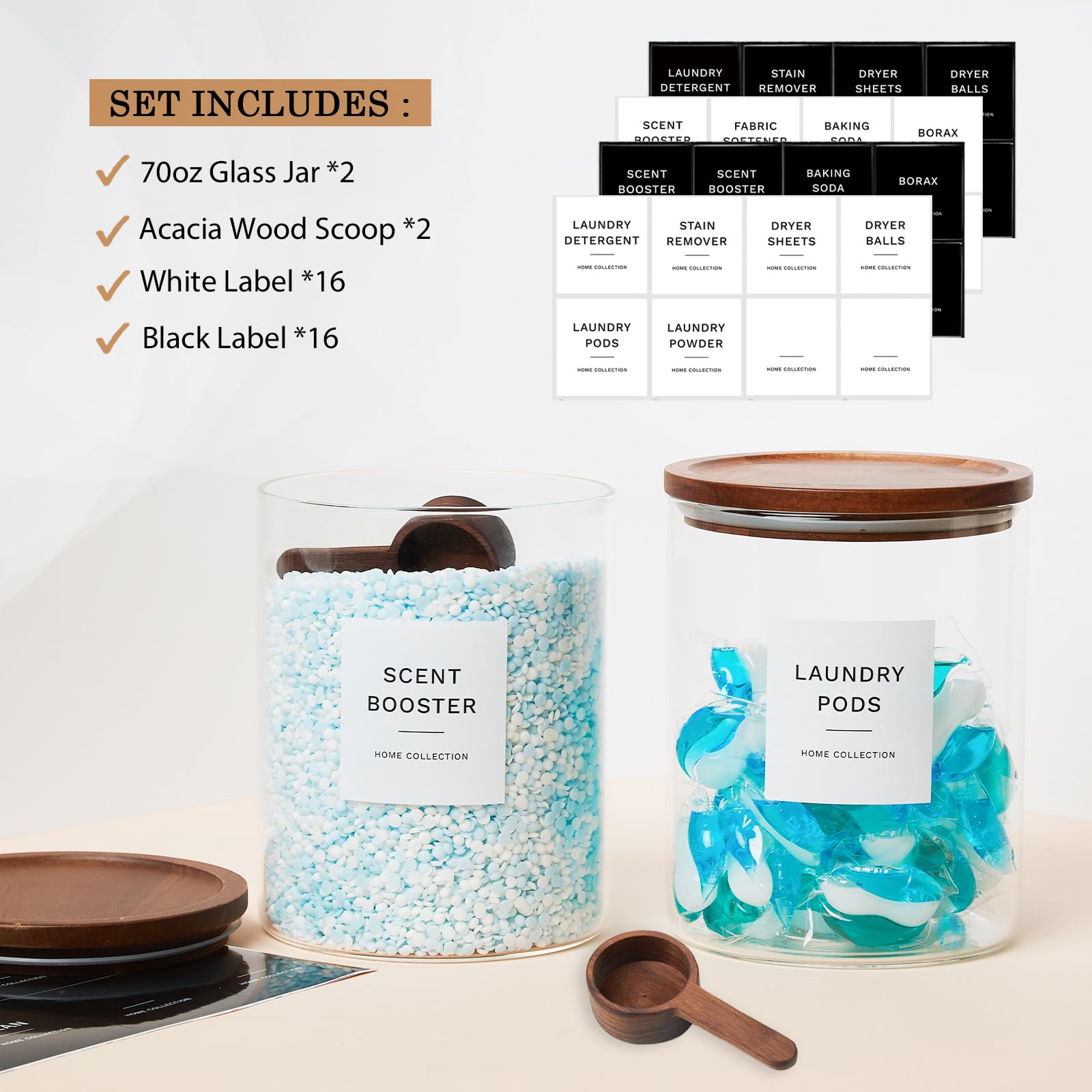 Glass Laundry Storage Containers with Acacia Lids and Scoops (2 Count)